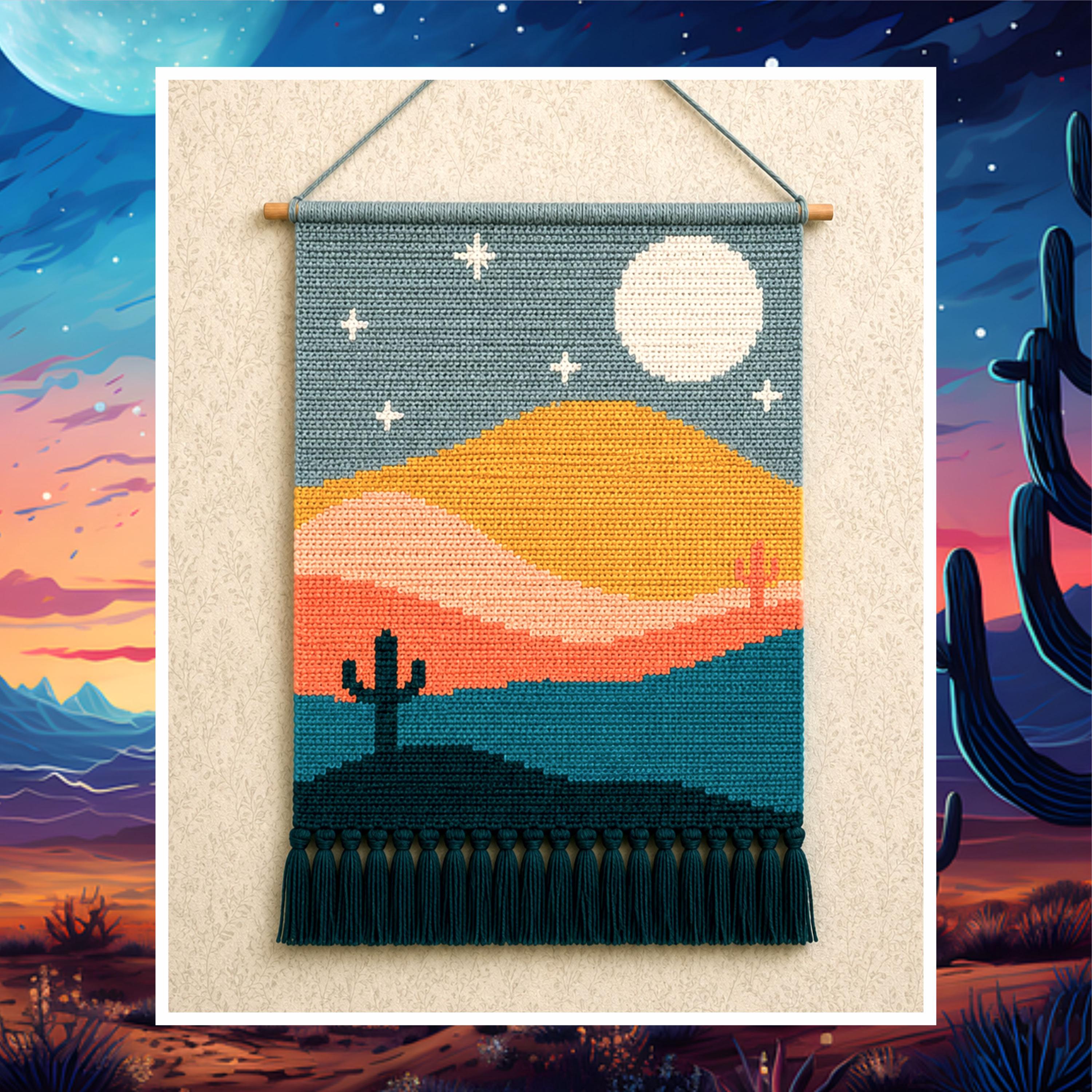 Crochet Tapestry Pattern: Desert Moon, Cactus, Sunset Glow (PDF Pattern 100x150 Stitches)