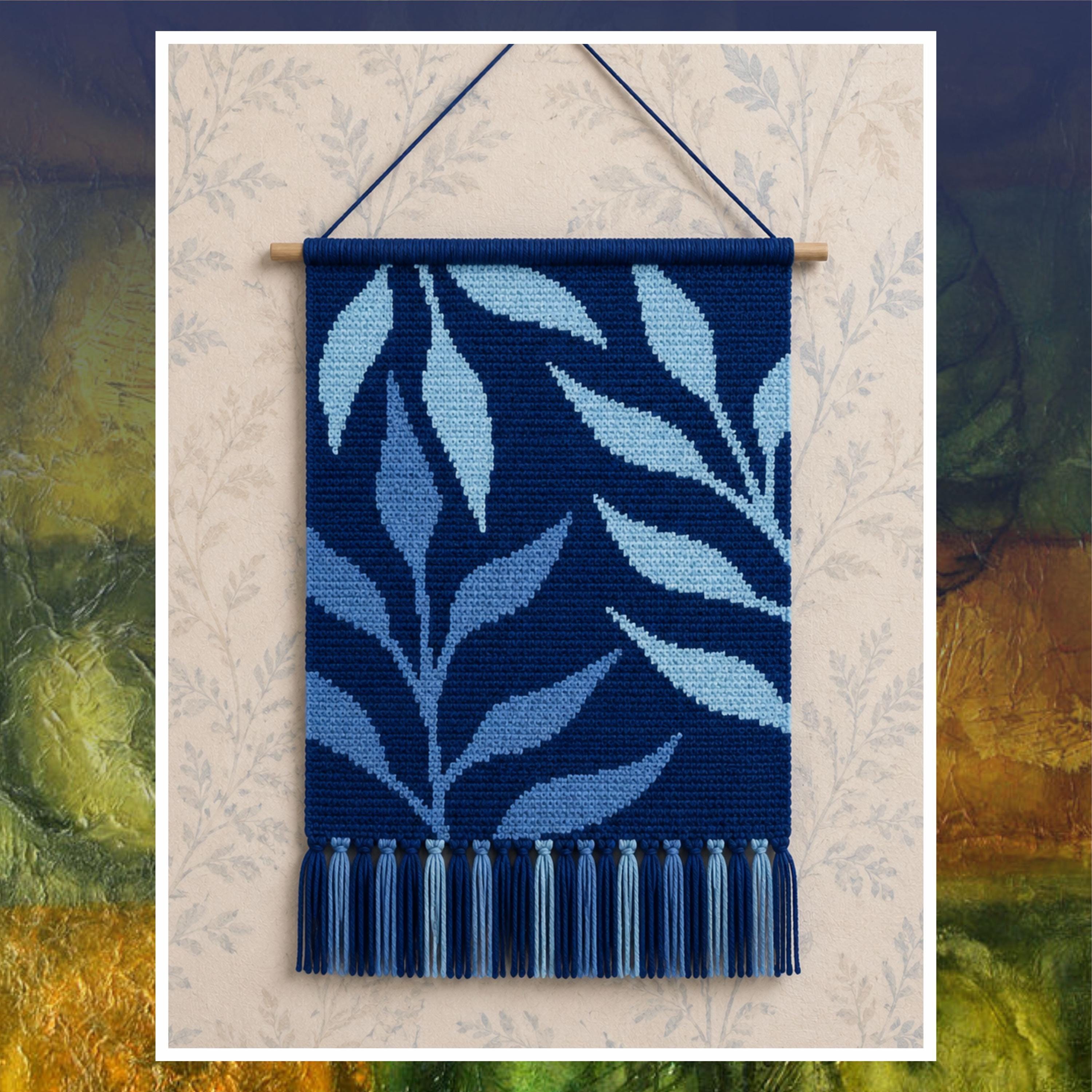 Botanical Leaf Tapestry Crochet Pattern: Blue Green Wall Hanging (PDF Pattern 110x160 Stitches)