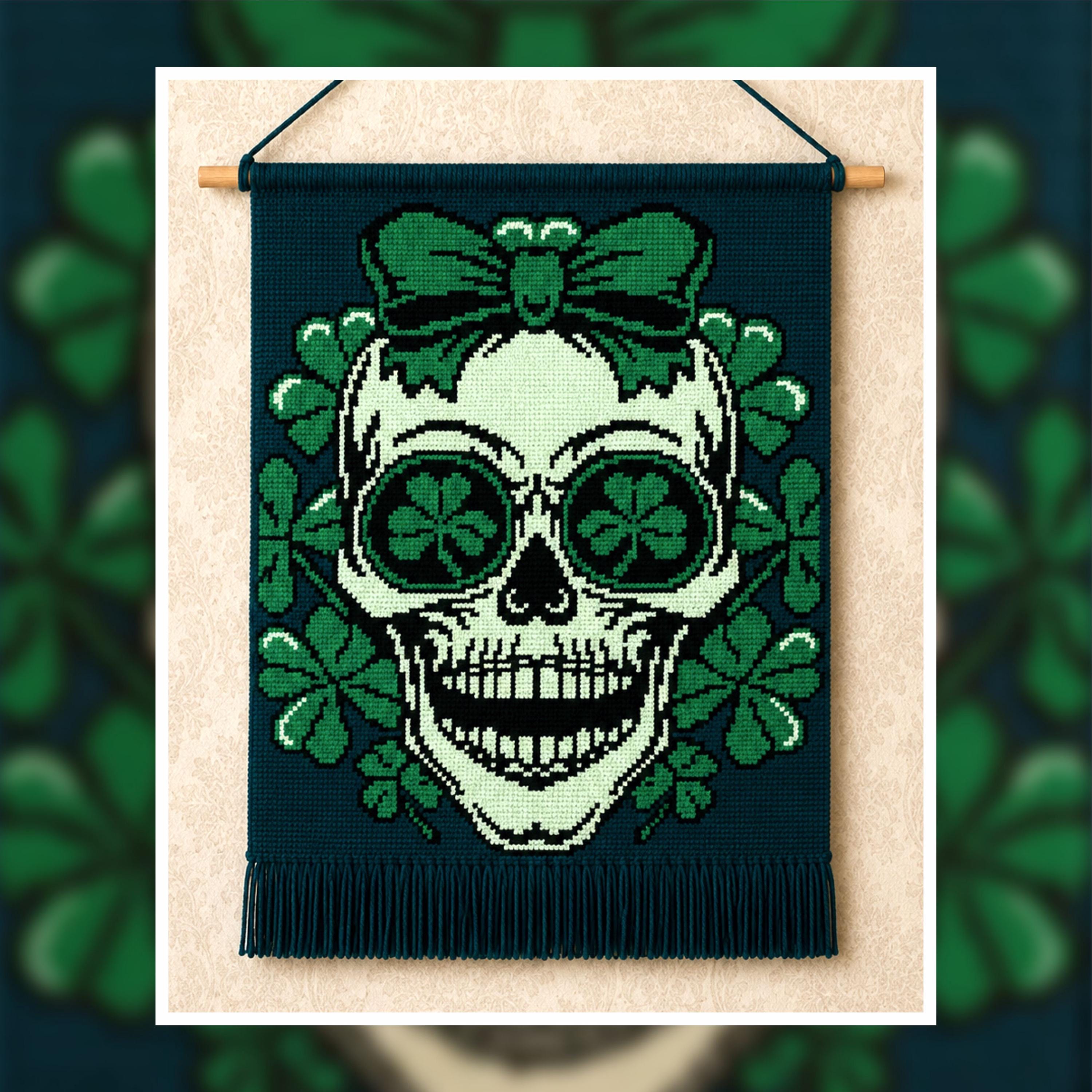 Lucky Charm Skull Tapestry Crochet Pattern: Shamrock Wall Art (PDF Pattern 120x180 Stitches)