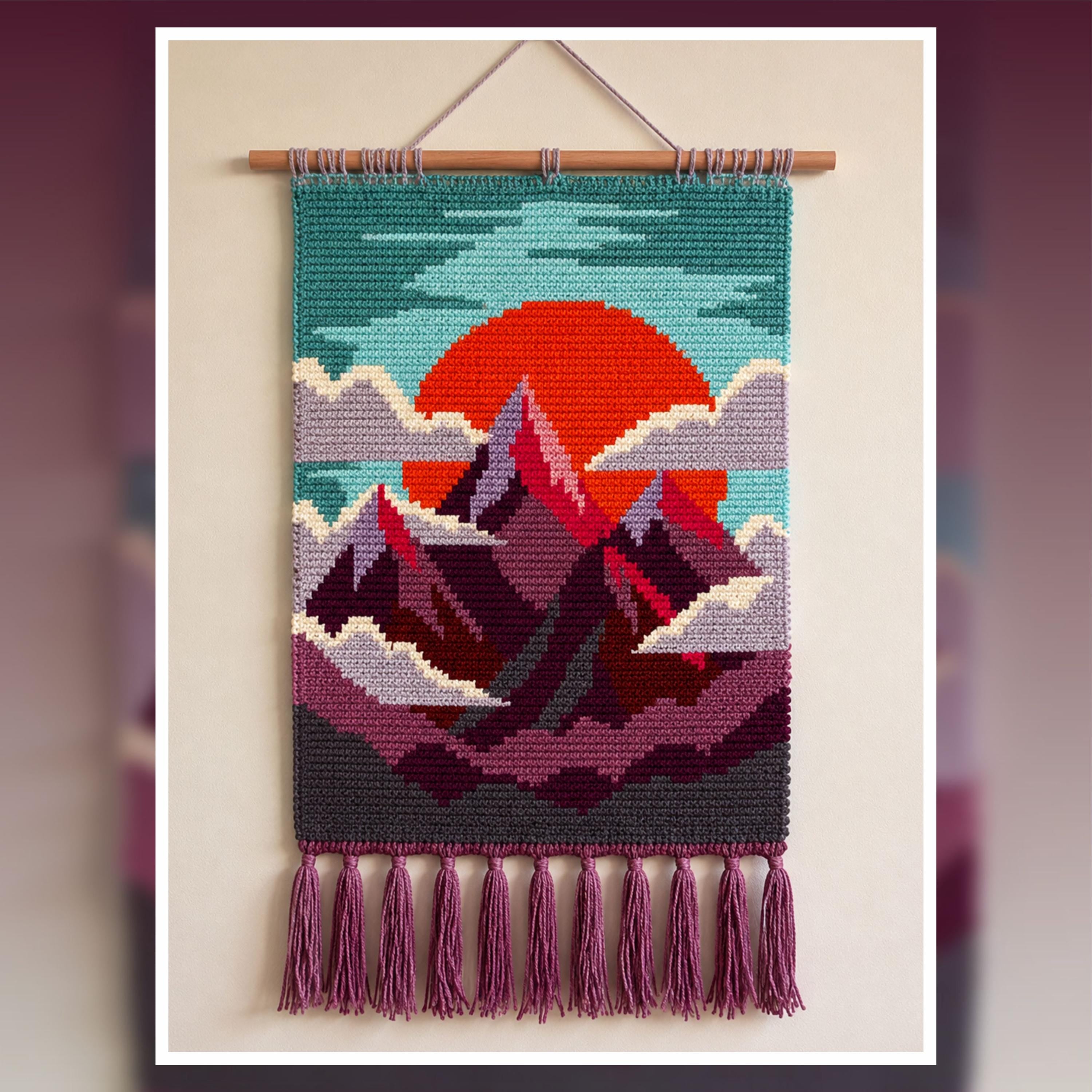 Sunset Peaks Crochet Tapestry Pattern | Colorful Mountain Wall Art (90x120 Stitches PDF)