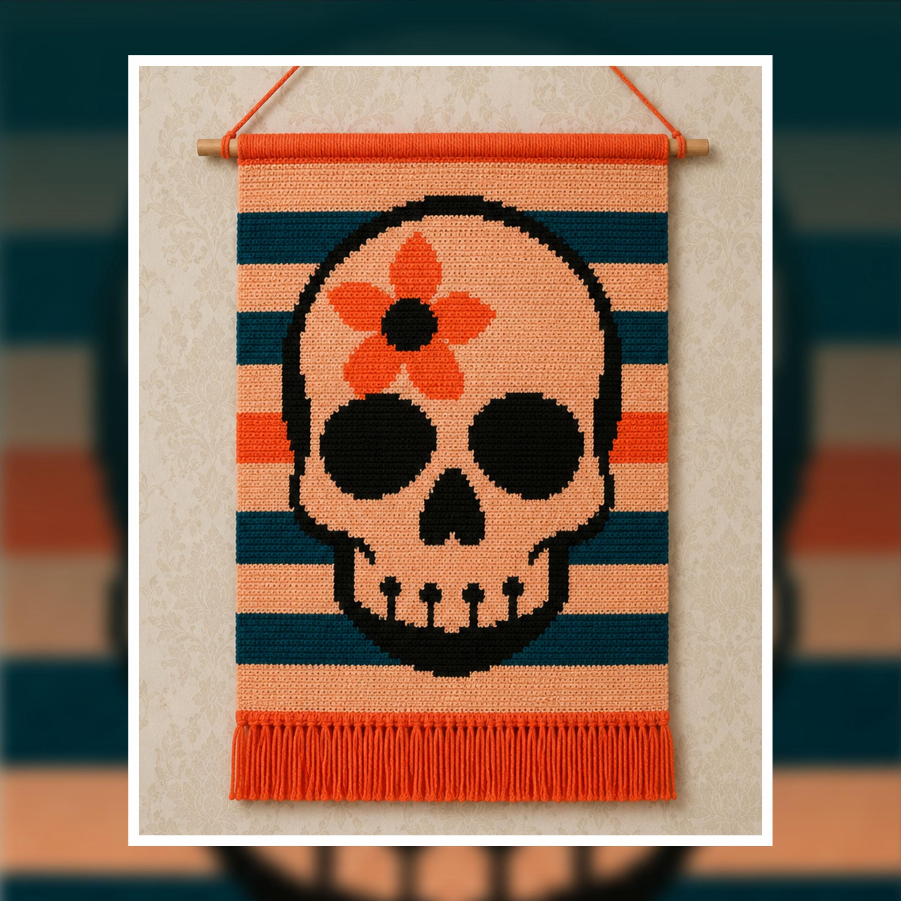 Retro Bloom Skull Tapestry Crochet Pattern: Colorful Wall Art (PDF Pattern 120x180 Stitches)