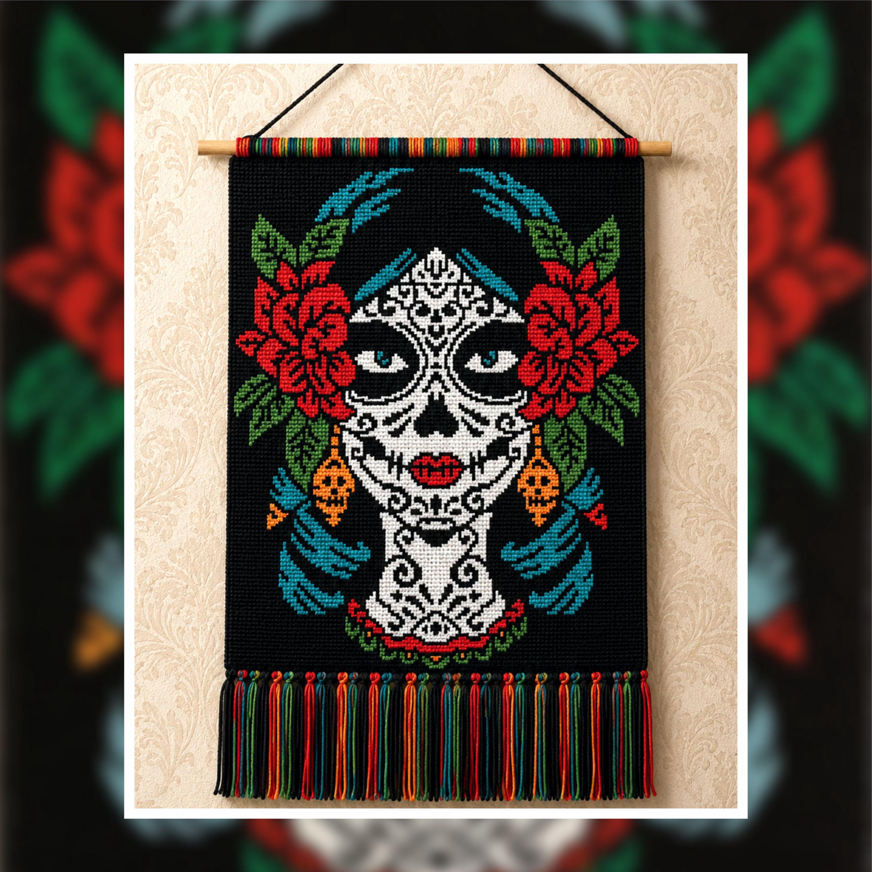 Sugar Skull Tapestry Crochet Pattern | Day of the Dead Woman Wall Hanging (PDF)