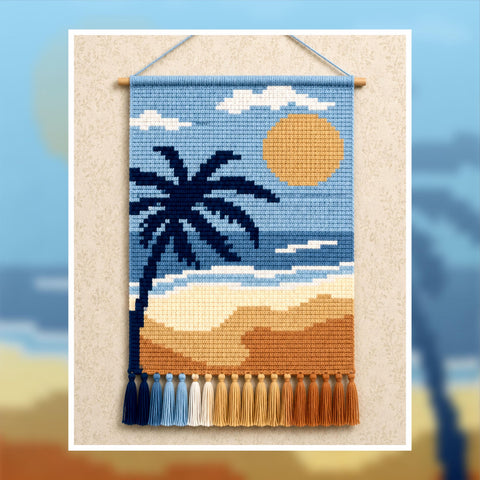 Beach Sunset Crochet Tapestry Pattern: Palm Tree Coastal Wall Hanging (60x90  Stitches PDF)