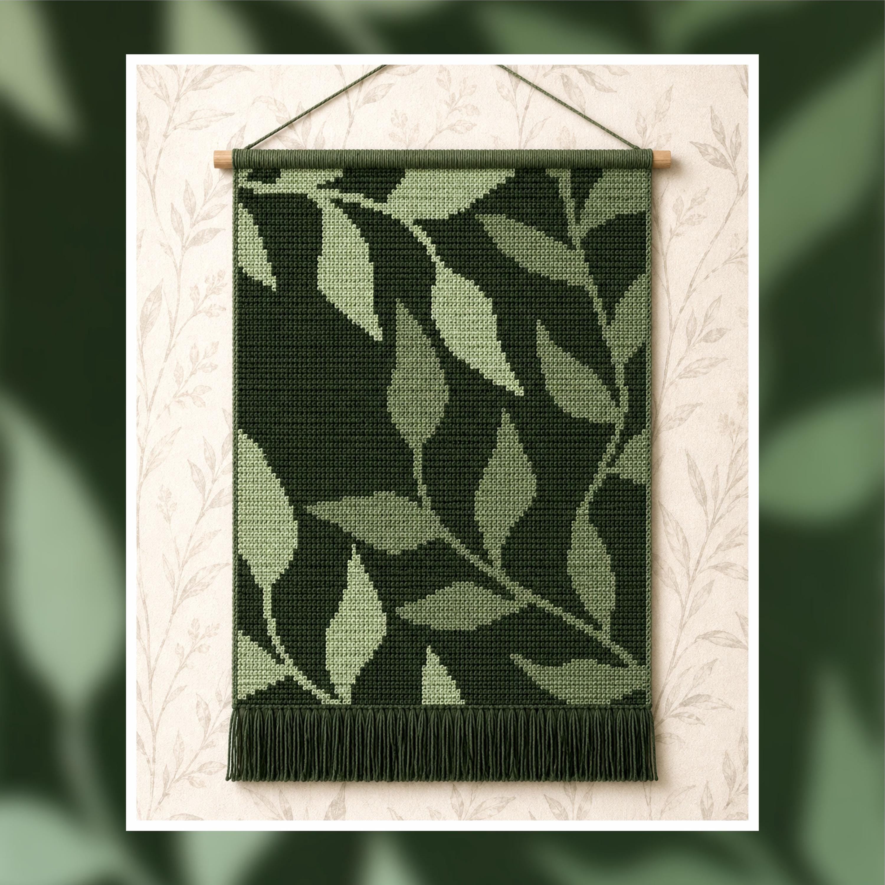 Green Leaf Crochet Wall Hanging Pattern: Botanical Tapestry (90x120 Stitches PDF)