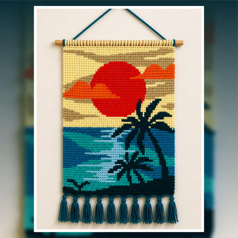 Tropical Sunset Beach Palm Tree Tapestry Crochet Pattern 80x120 Stitches PDF