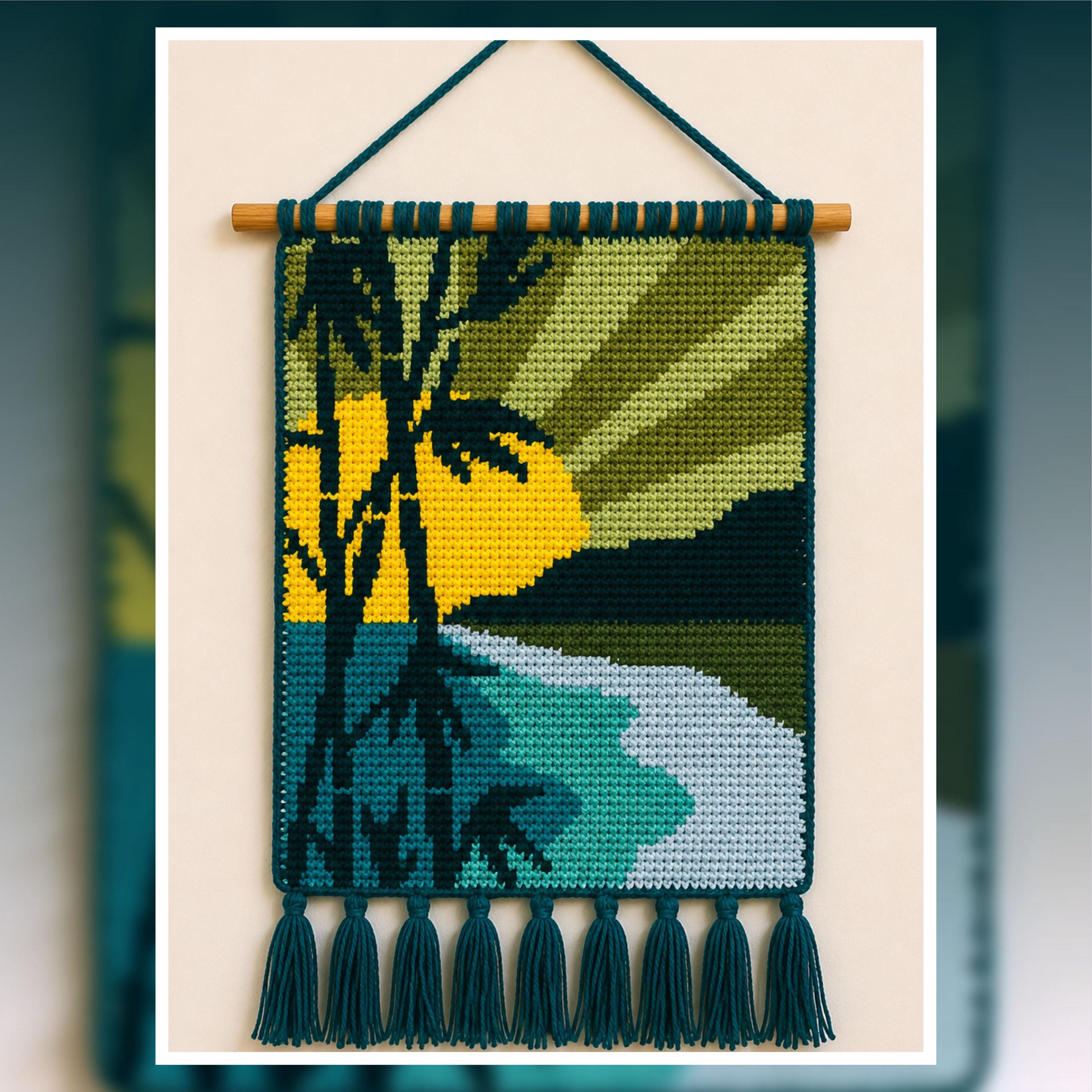 Golden Tropical Sunset Lake Tapestry Crochet Pattern 100x150 Stitches PDF