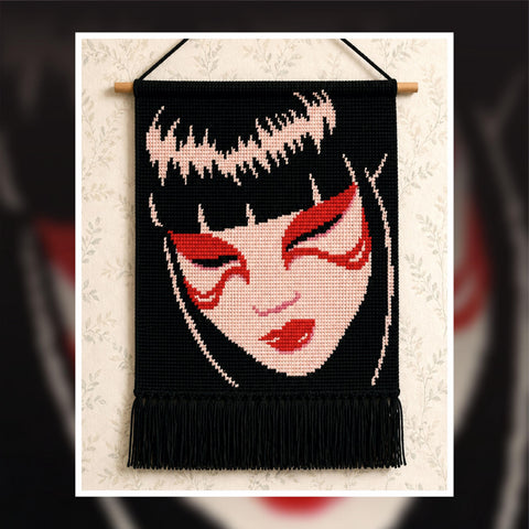 Geisha Crochet Tapestry Pattern: Bold Red Makeup Wall Hanging (PDF Download 120x160 Stitches)