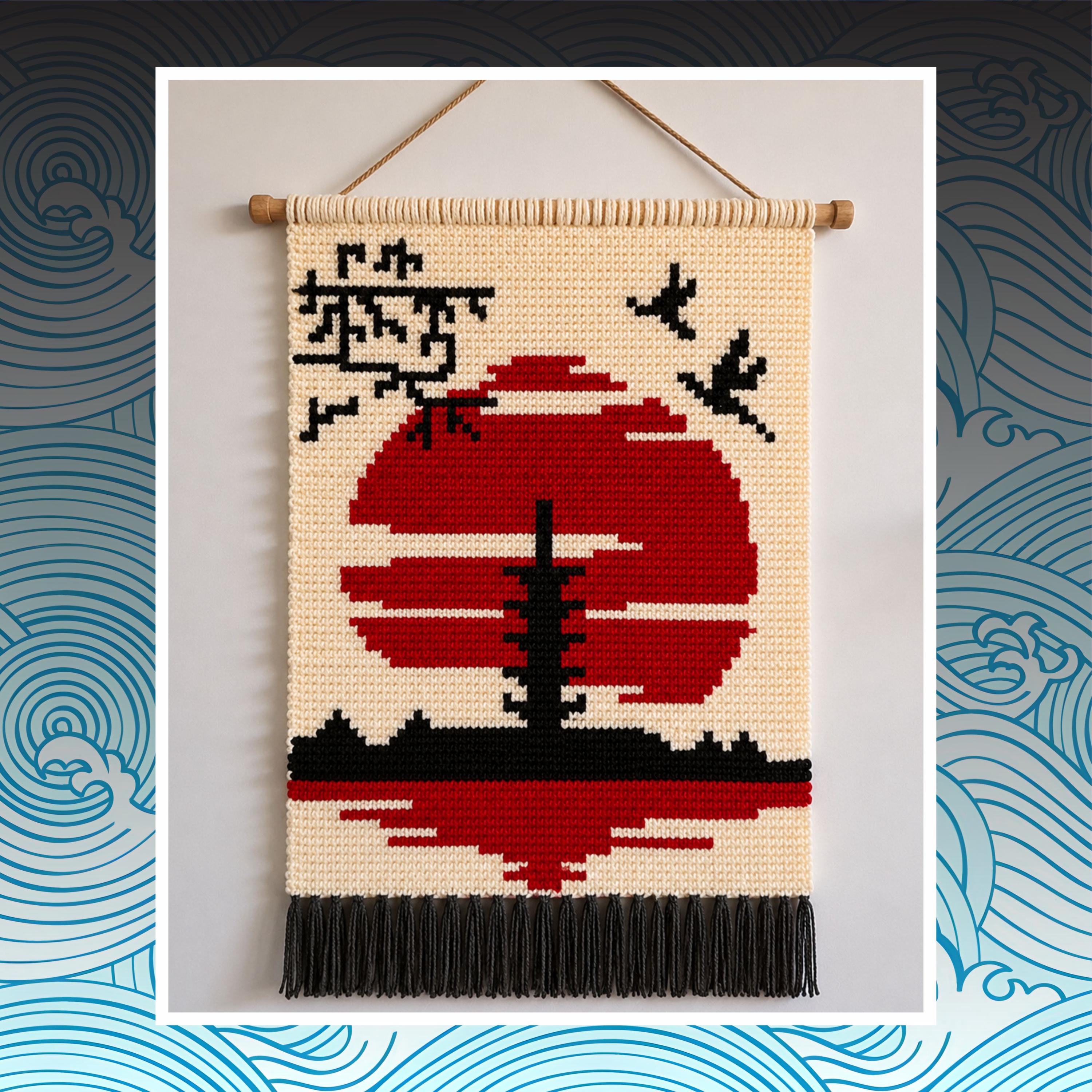 Japanese Temple Tapestry Crochet Pattern: Pagoda Sunset Wall Art (PDF Pattern 60x80 Stitches)