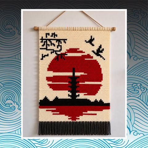 Japanese Temple Tapestry Crochet Pattern: Pagoda Sunset Wall Art (PDF Pattern 60x80 Stitches)
