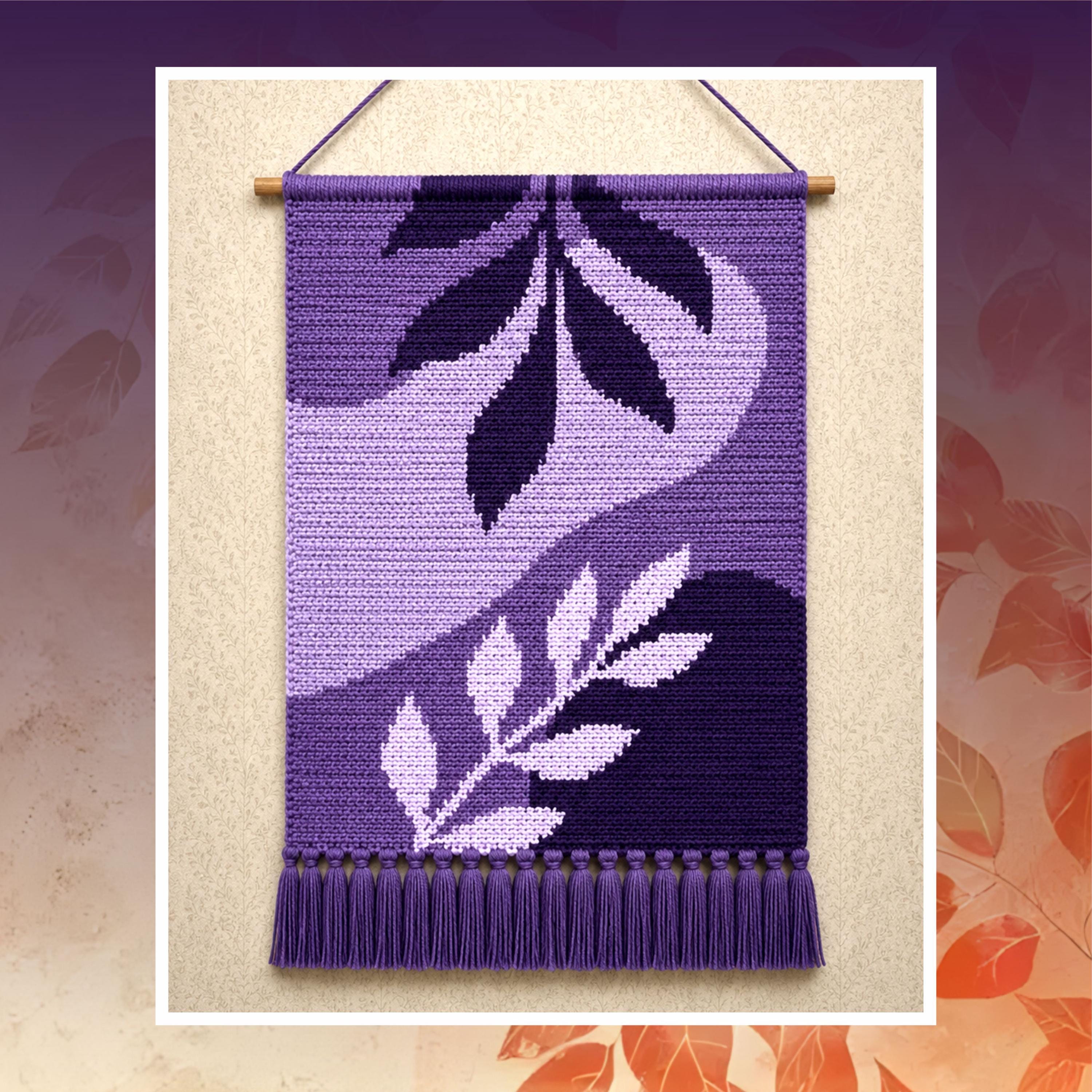 Purple Botanical Crochet Tapestry Pattern 100x150 PDF | Modern Leaf Wall Hanging | Elegant Boho Crochet eBook