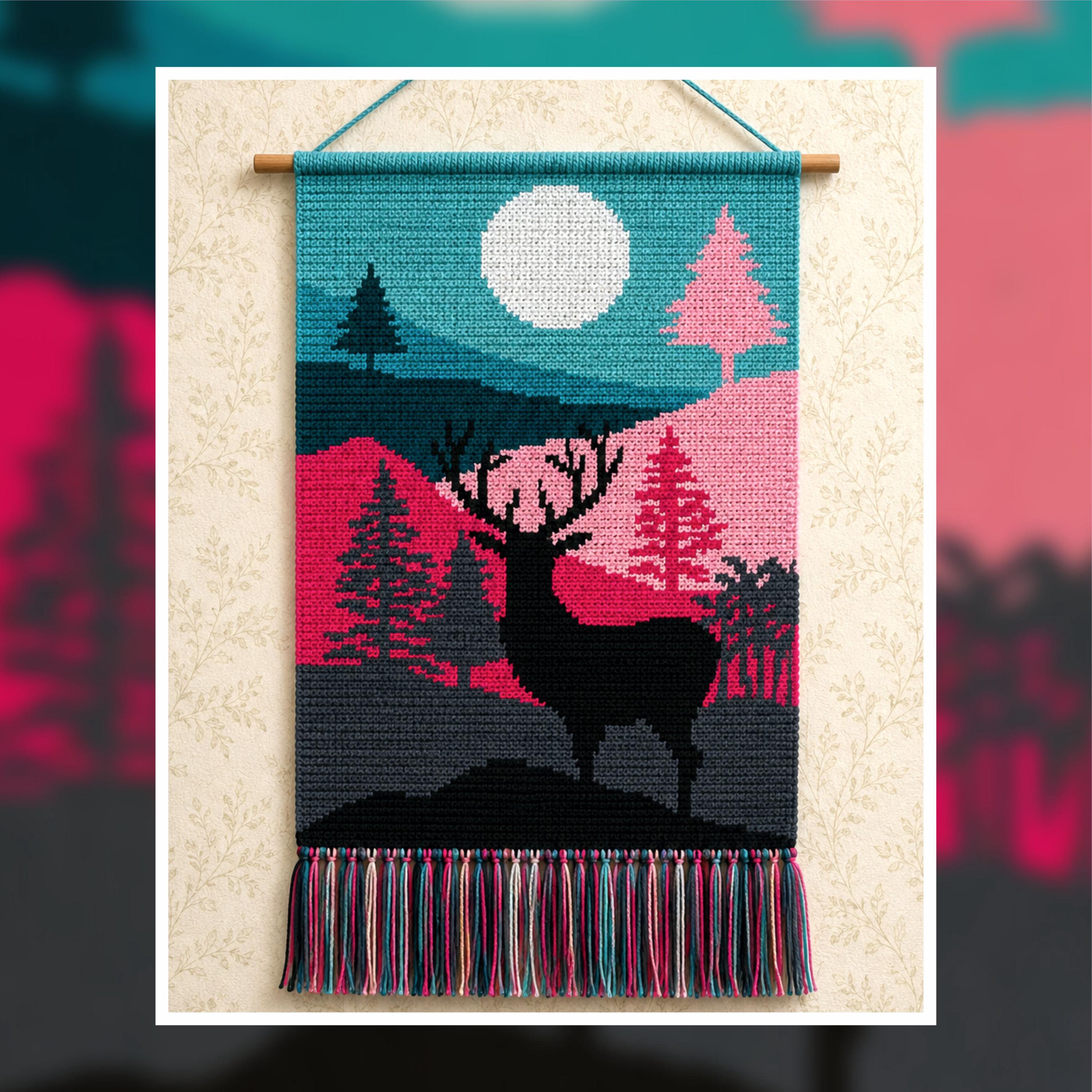Moonlit Deer Tapestry Crochet Pattern: Forest Wall Art (120x180 Stitches PDF Digital Download