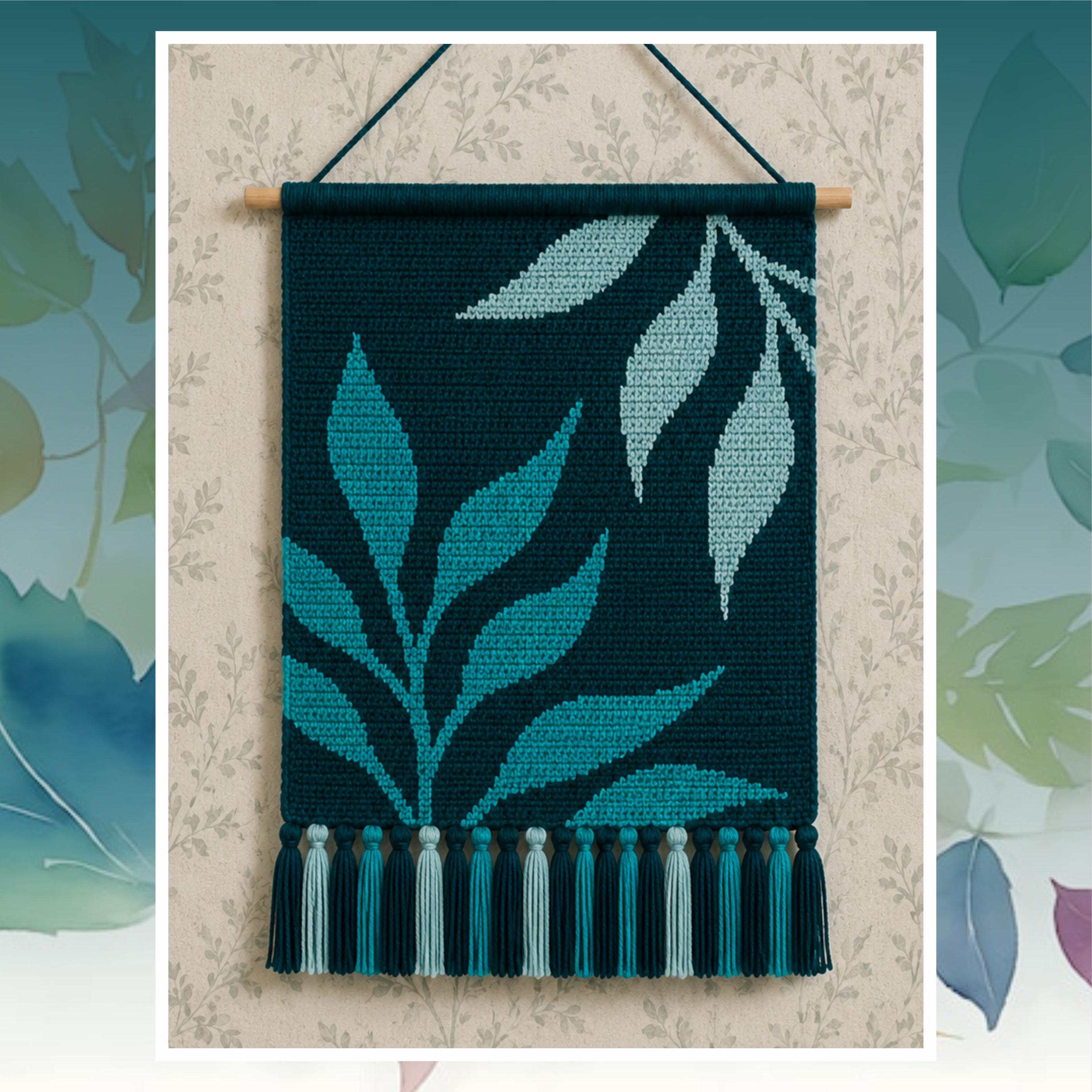 Teal Botanical Tapestry Crochet Pattern: Modern Leaf Wall Hanging (PDF Pattern 140x200 Stitches)