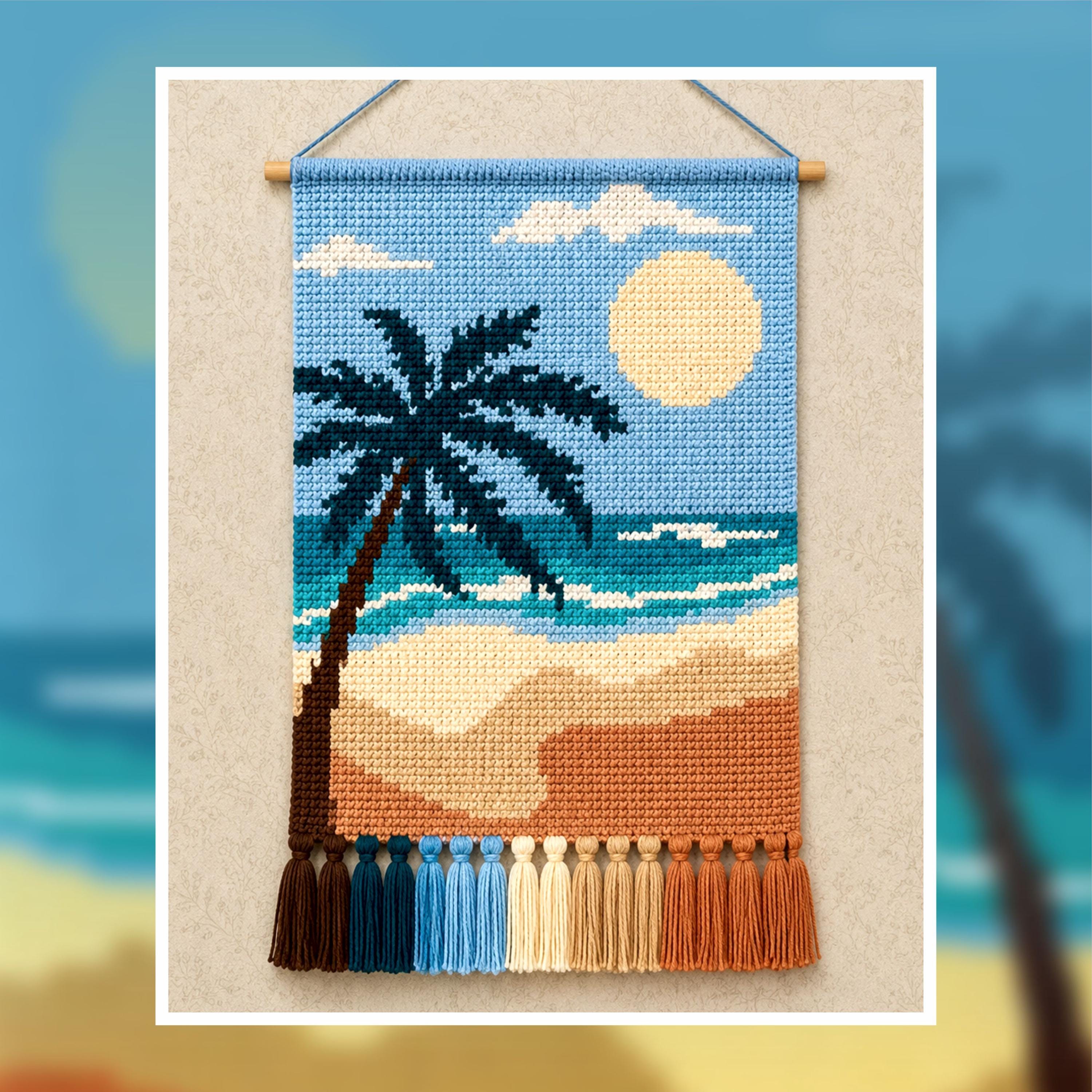 Tropical Beach Crochet Tapestry Pattern: Palm Tree Sunset Wall Hanging (PDF Pattern 100x150 Stitches)