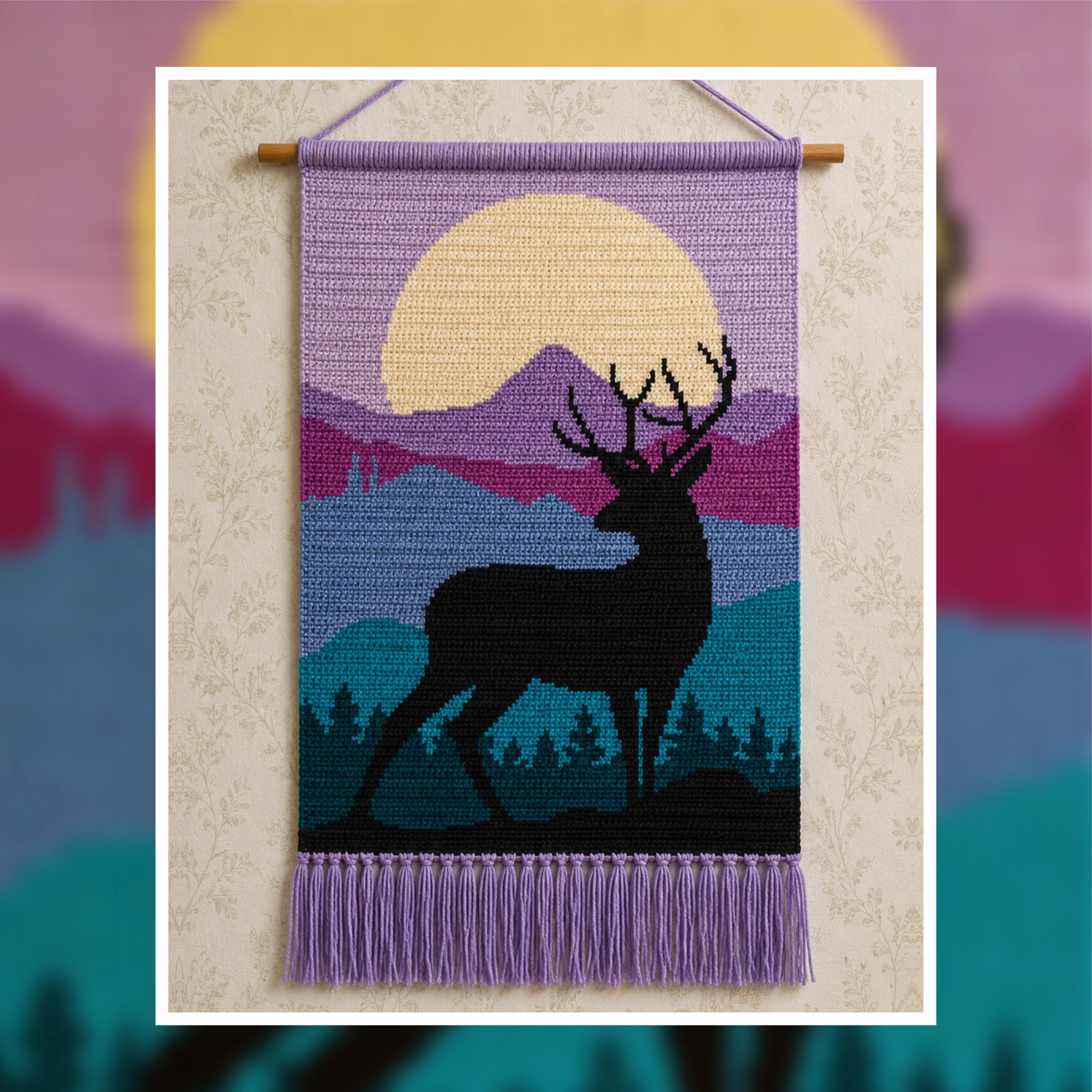 Deer Silhouette Crochet Tapestry Pattern: Mountain Cabin Wall Hanging (PDF Download 120x180 Stitches)