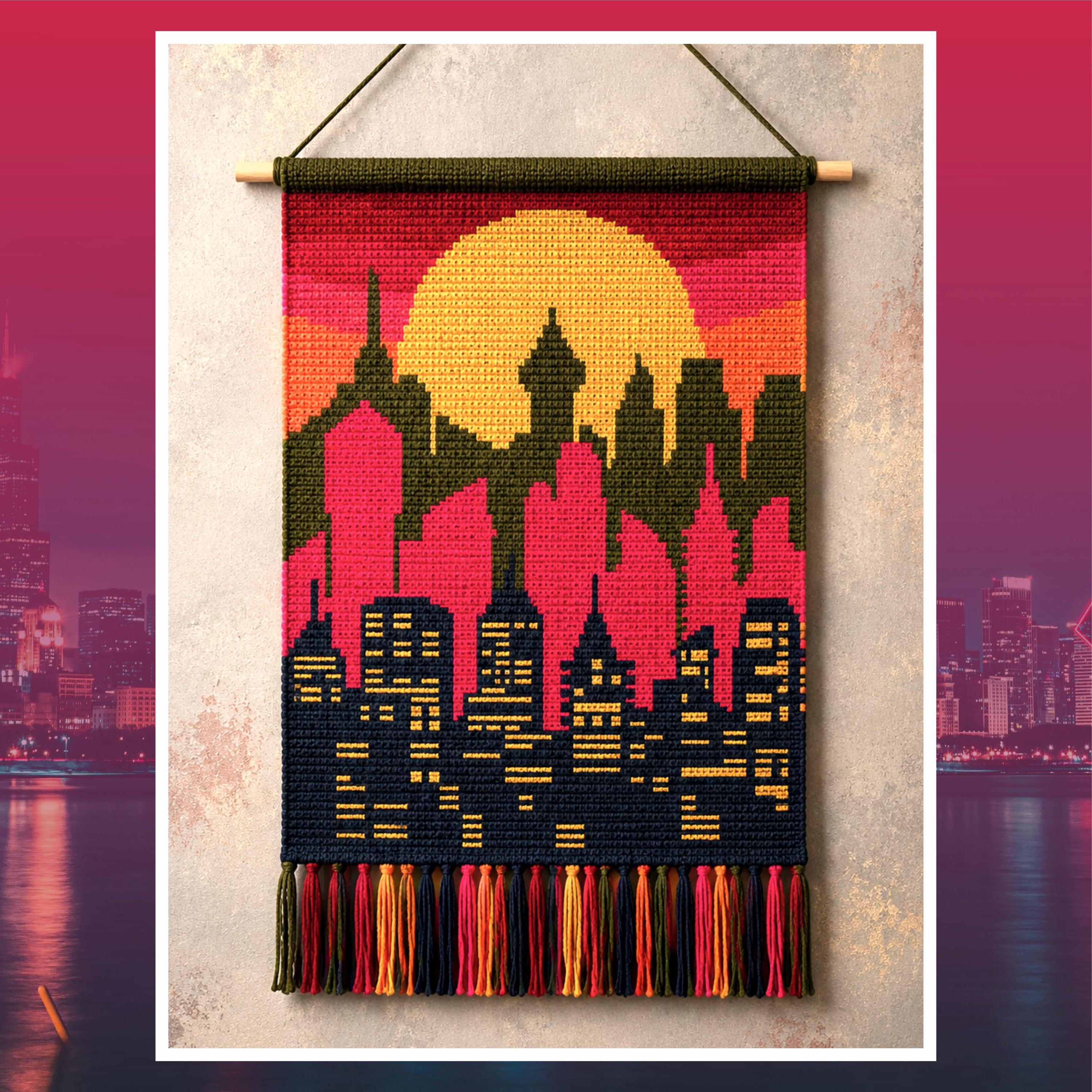 Sunset Skyline Tapestry Crochet Pattern: Colorful Cityscape Wall Hanging (PDF Pattern)