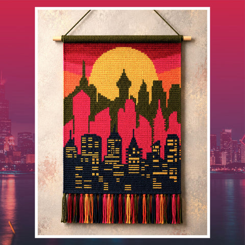 Sunset Skyline Tapestry Crochet Pattern: Colorful Cityscape Wall Hanging (PDF Pattern)