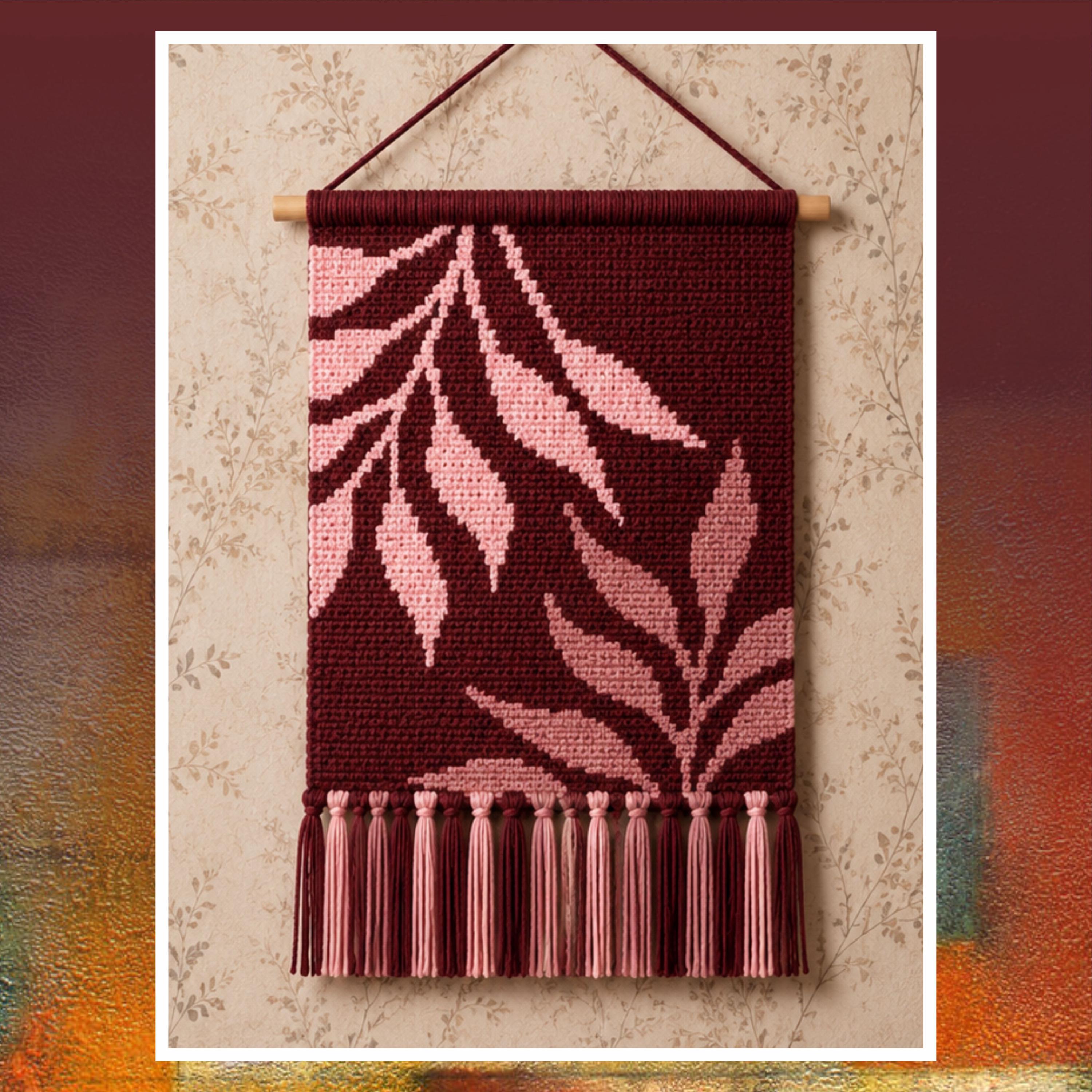 Rustic Brown Leaf Tapestry Crochet Pattern 140x200 PDF | Minimalist Botanical Wall Hanging Crochet Design for Modern Nature Home Décor