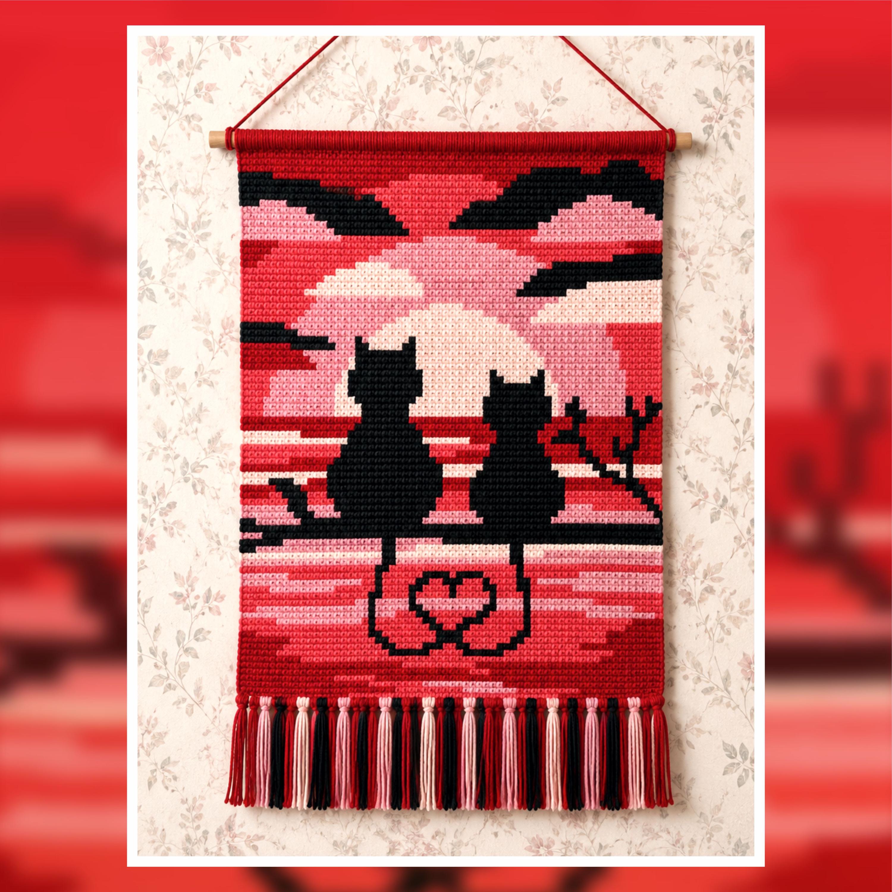 Cat Couple Sunset Tapestry Crochet Pattern: Romantic Wall Hanging (60x90  Stitches PDF)