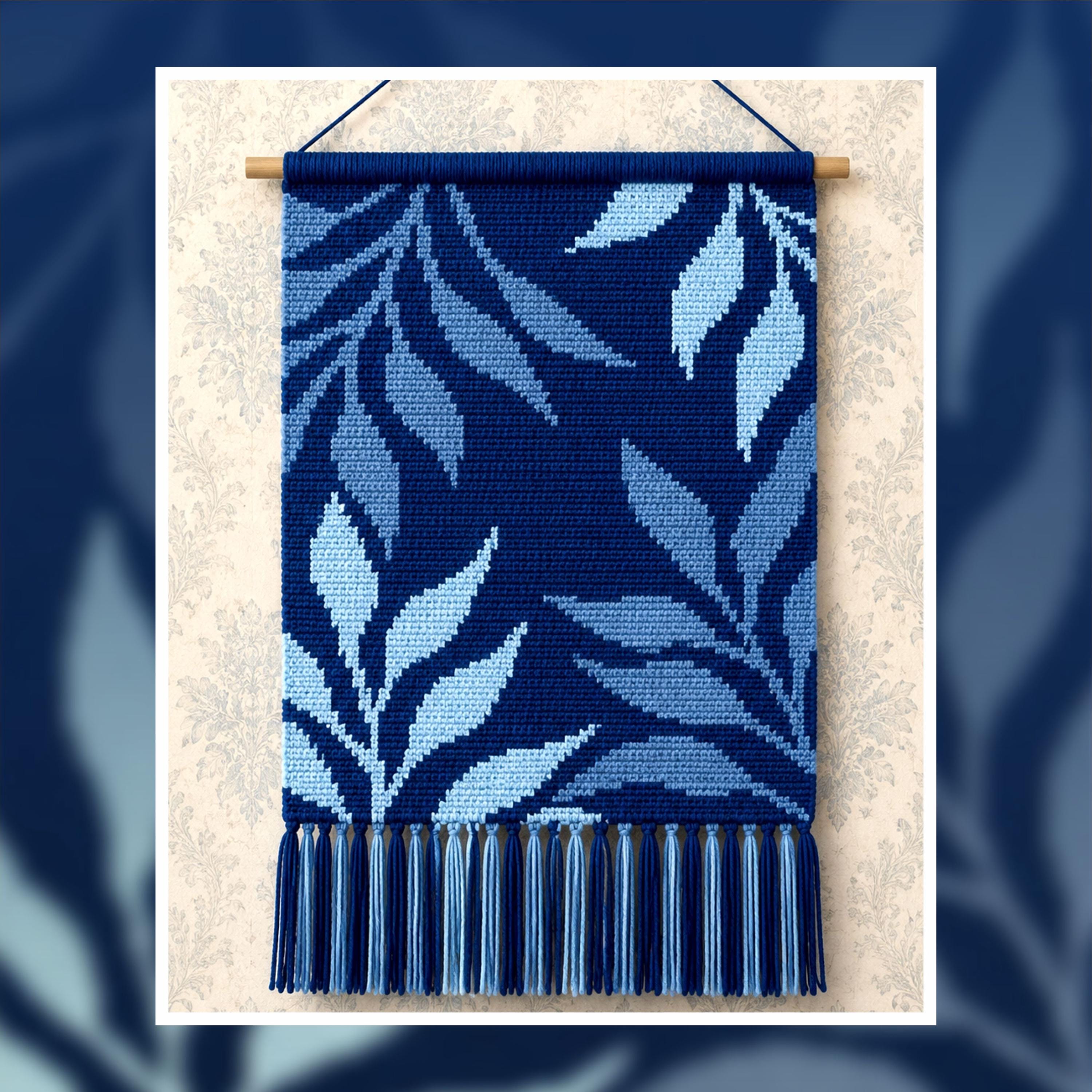 Blue Leaves Crochet Tapestry Pattern: Botanical Wall Hanging (PDF Download 110x160  Stitches)