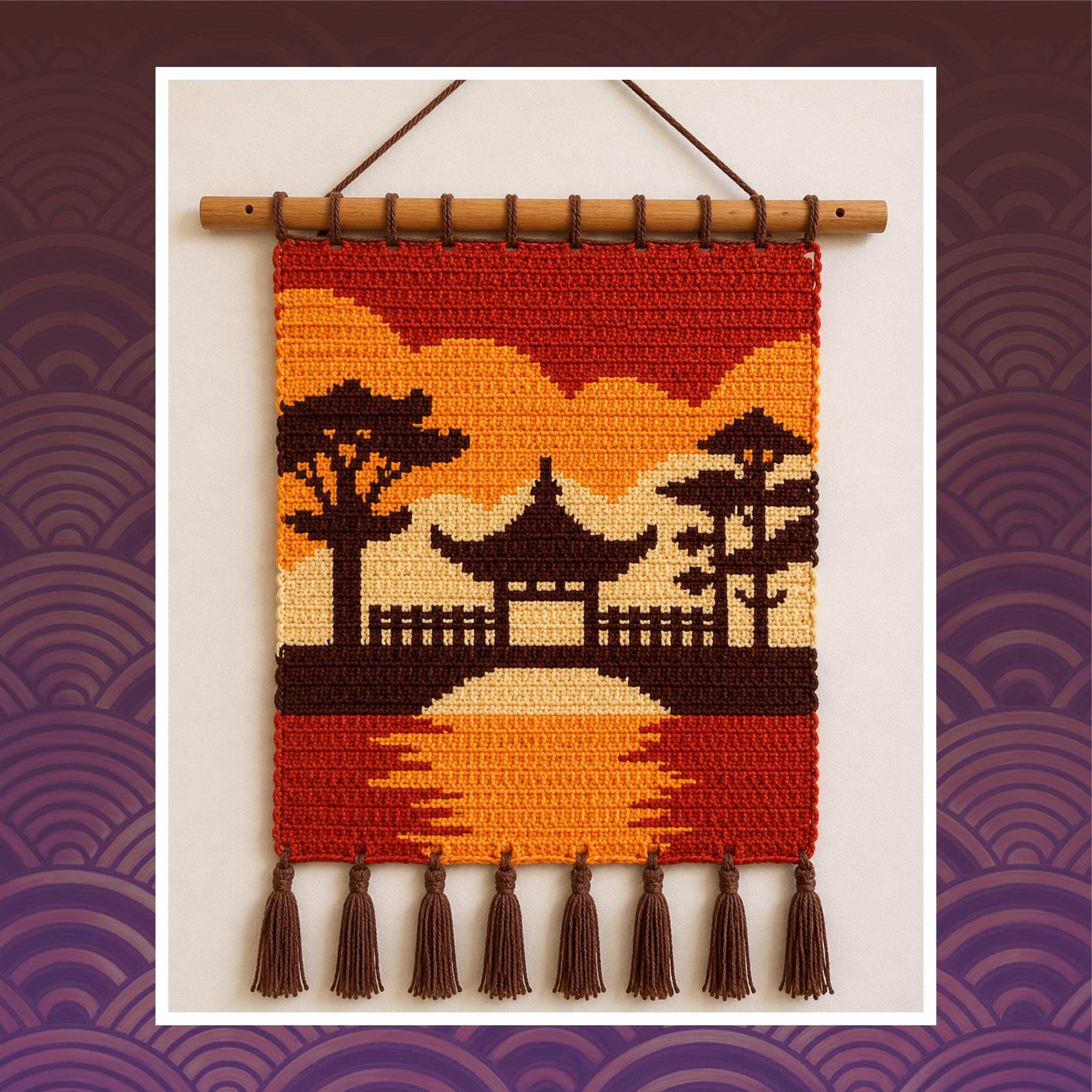 Japan Garden Sunset Crochet Pattern: Oriental Tapestry Wall Hanging (PDF Pattern 90x120 Stitches)