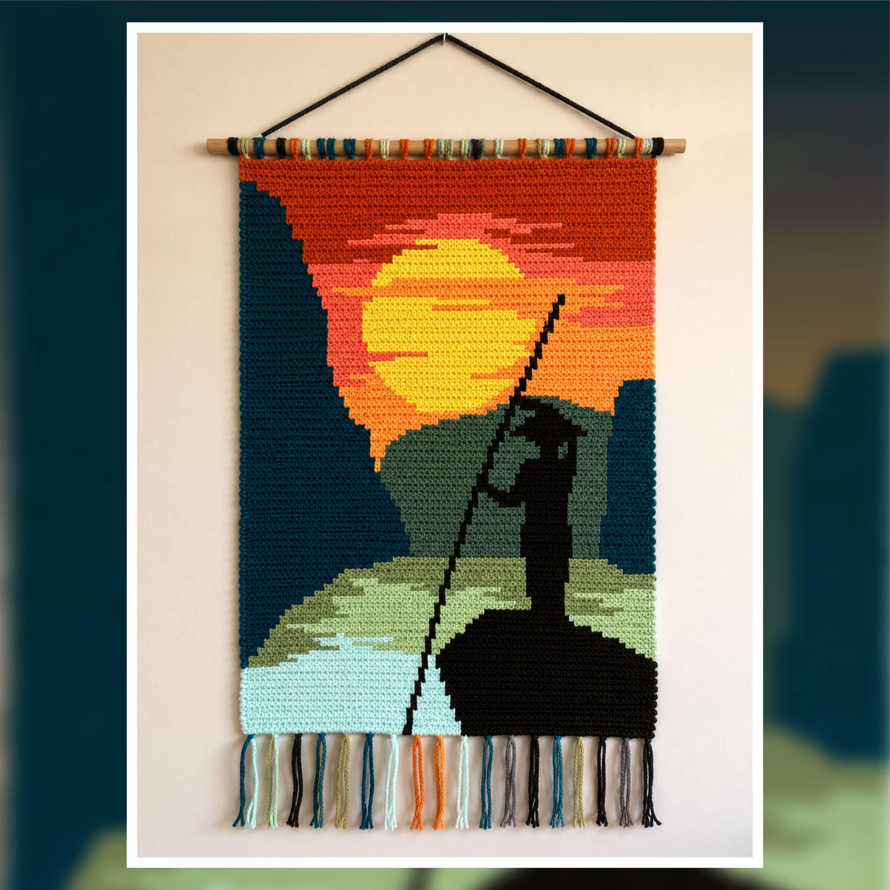 Canoe Sunset Tapestry Crochet Pattern: Lake Wall Hanging (80x120 Stitches PDF)
