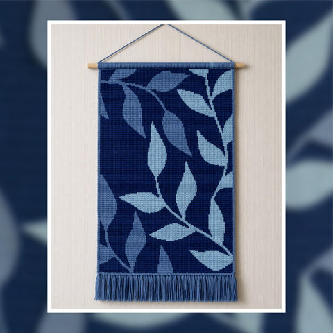 Blue Leafy Branch Crochet Tapestry Pattern: Modern Botanical Wall Hanging (PDF Pattern 140x200 Stitches)