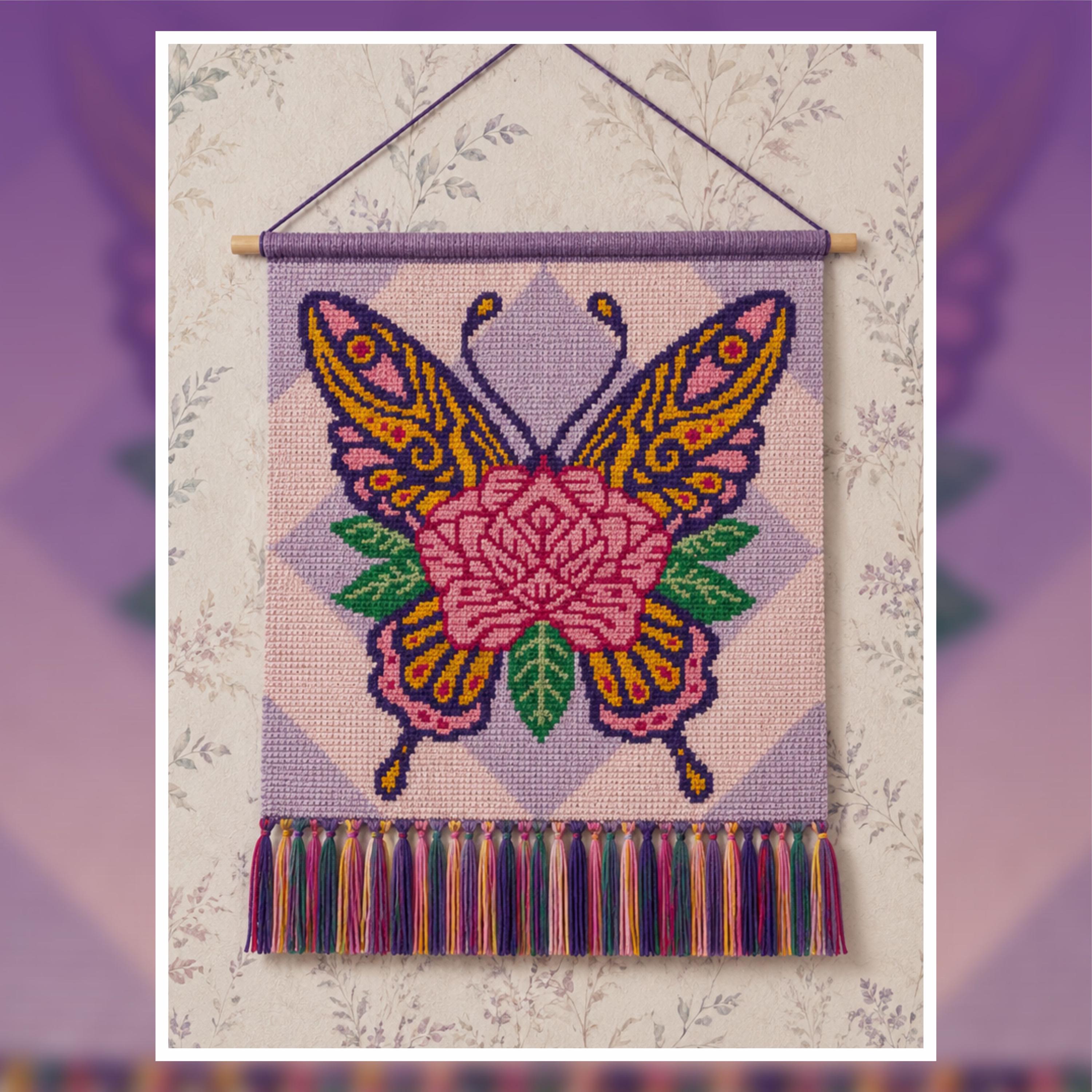 Butterfly Rose Tapestry Crochet Pattern: Boho Wall Hanging (PDF Pattern 150x150 Stitches)