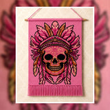 Crochet Skull Tapestry Pattern: Pink Feather Boho Wall Art (PDF Pattern 150x220 Stitches)