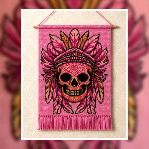 Crochet Skull Tapestry Pattern: Pink Feather Boho Wall Art (PDF Pattern 150x220 Stitches)