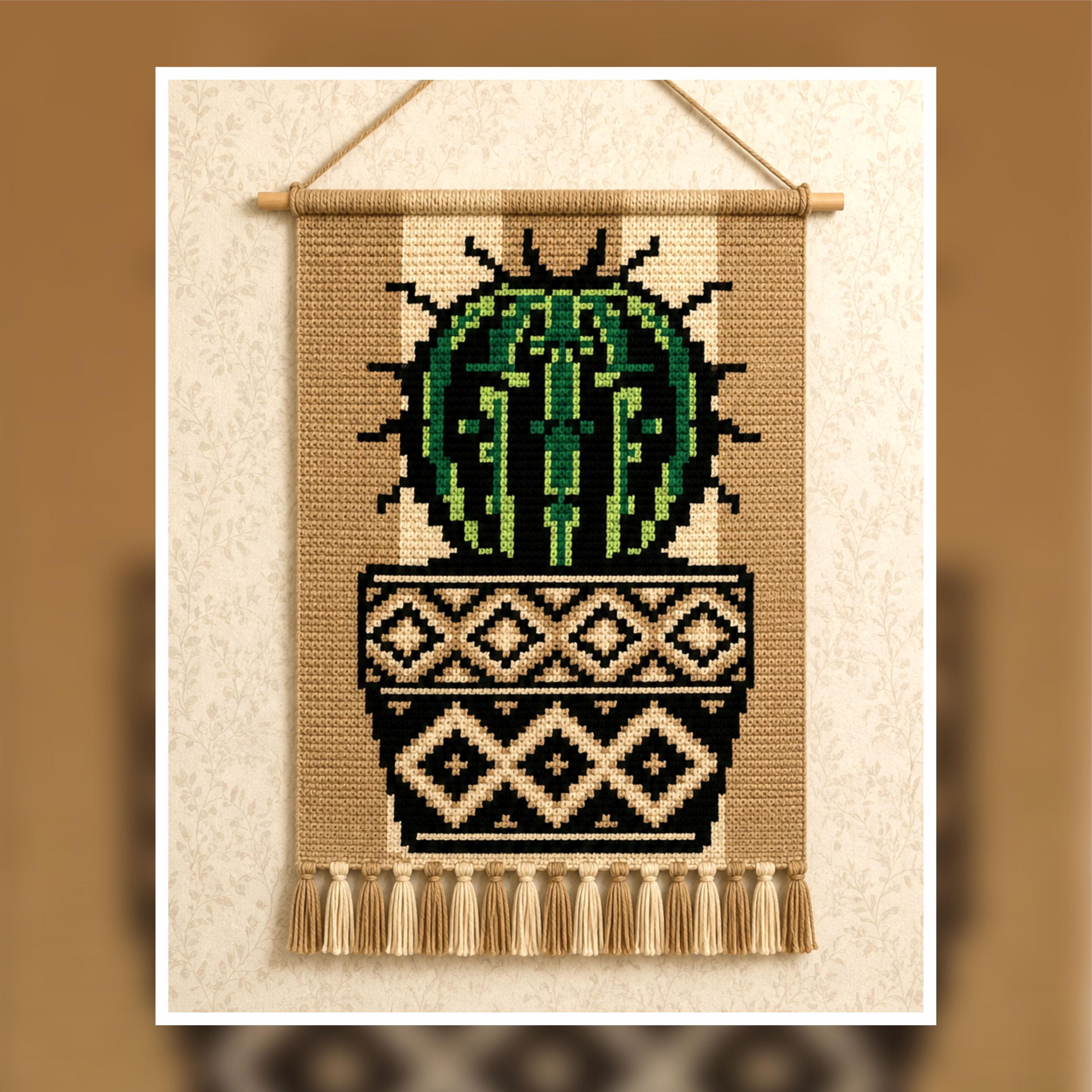 Boho Cactus Tapestry Crochet Pattern: Tribal Pot Wall Art (PDF Pattern 75x110 Stitches)