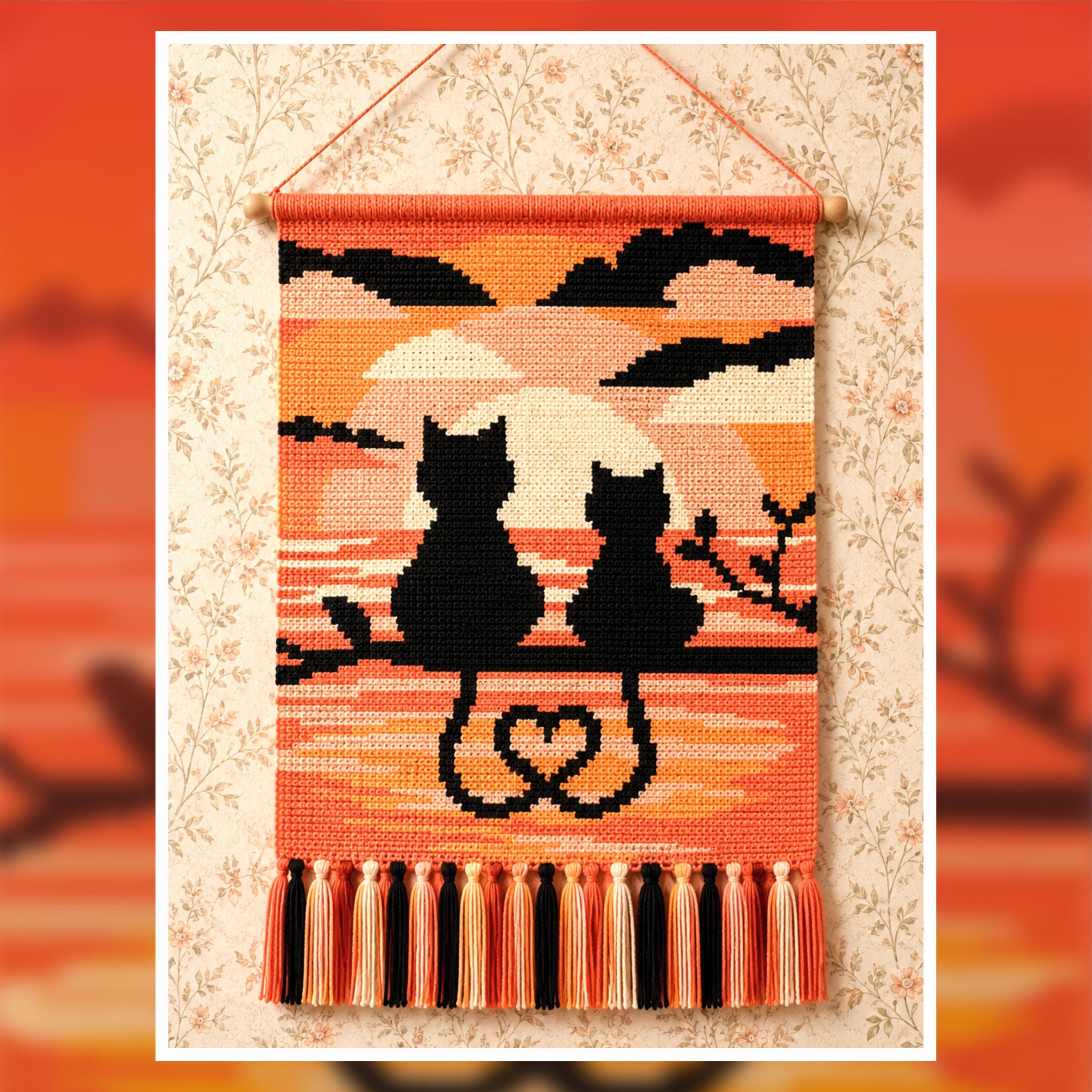 Cat Couple Sunset Tapestry Crochet Pattern: Romantic Home Decor (PDF Pattern 100x150 Stitches)