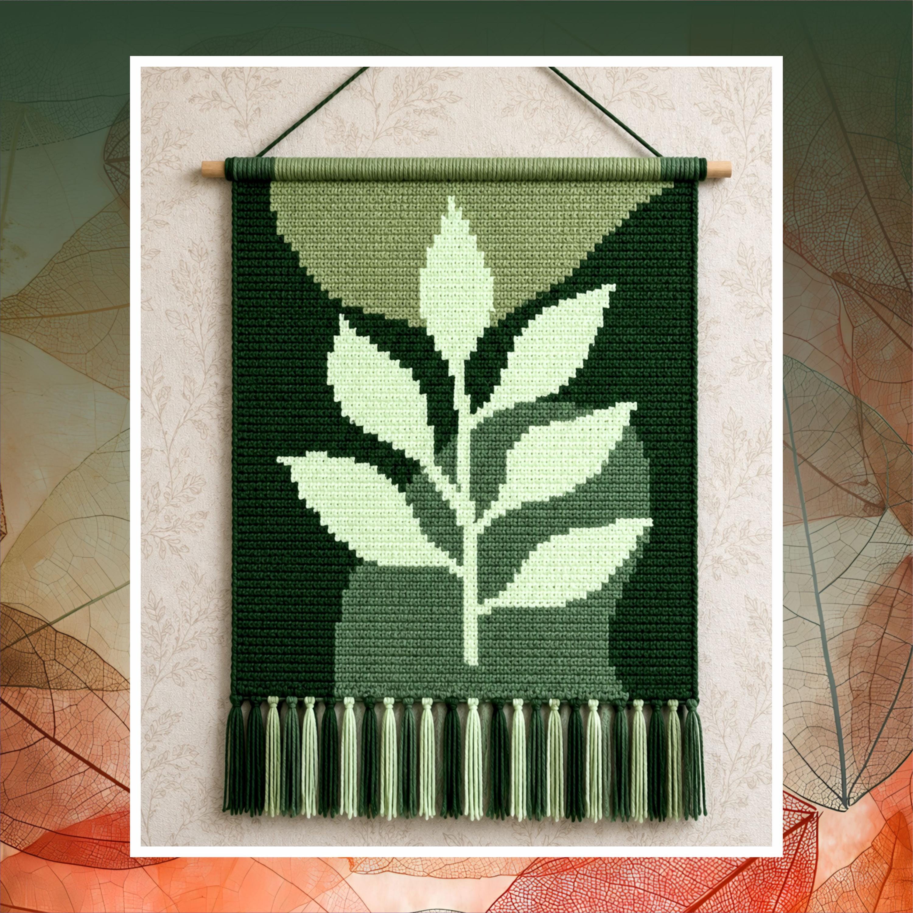 Green Leaf Crochet Tapestry Pattern: Botanical Wall Hanging (80x120 Stitches PDF)