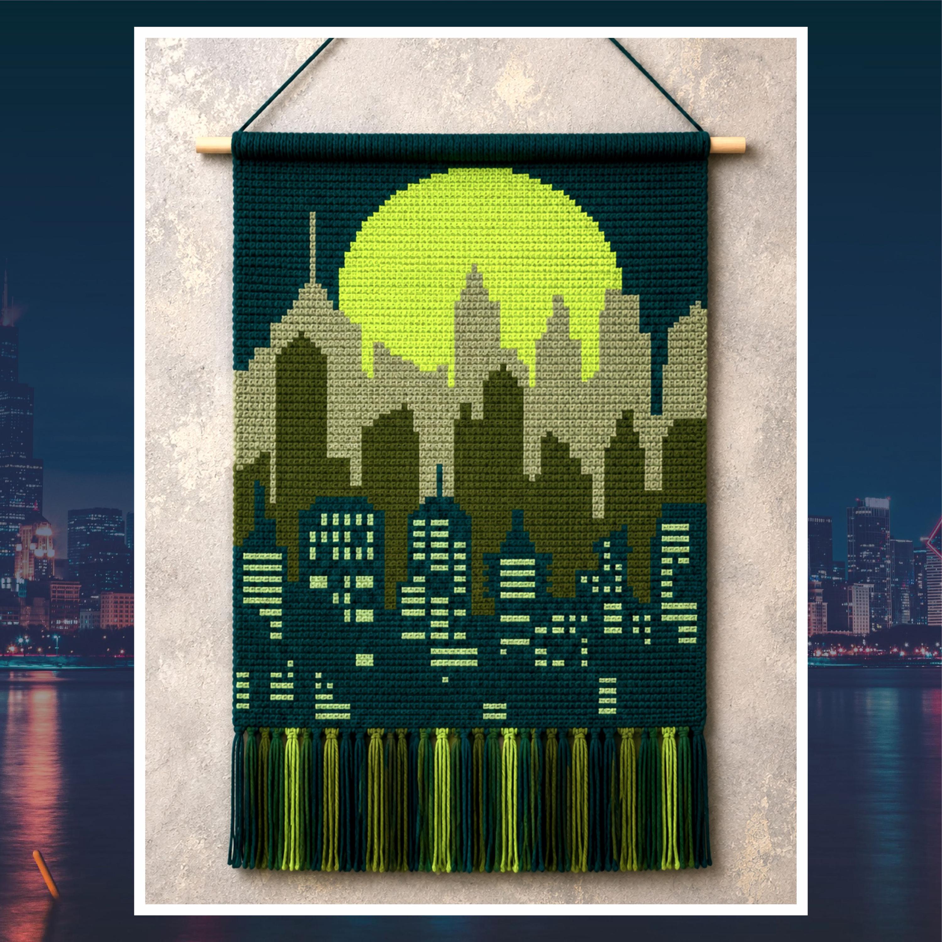 Golden Moon Tapestry Crochet Pattern: Modern Skyline Wall Hanging (PDF Pattern)