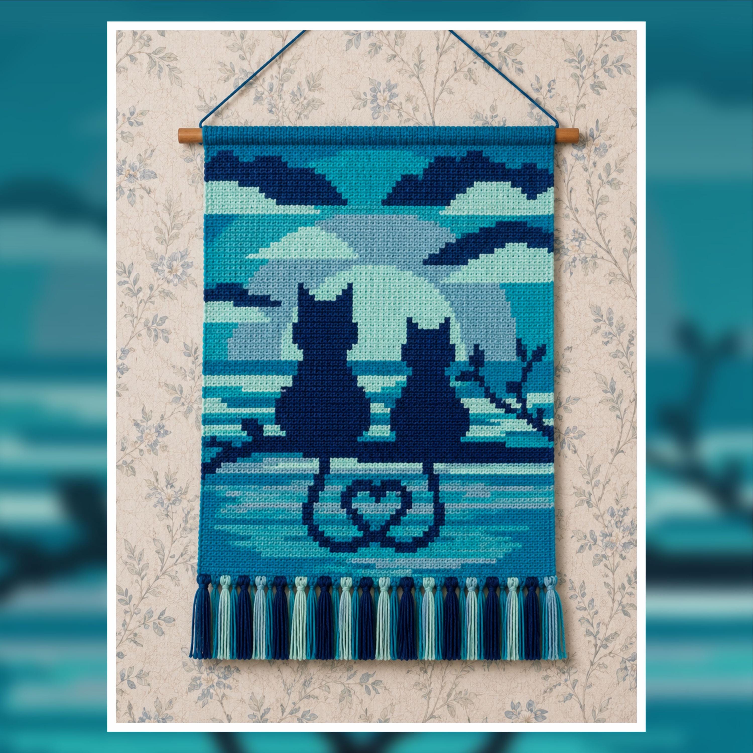 Cat Couple Crochet Pattern: Romantic Tapestry Wall Hanging (PDF Download 80x120 Stitches)
