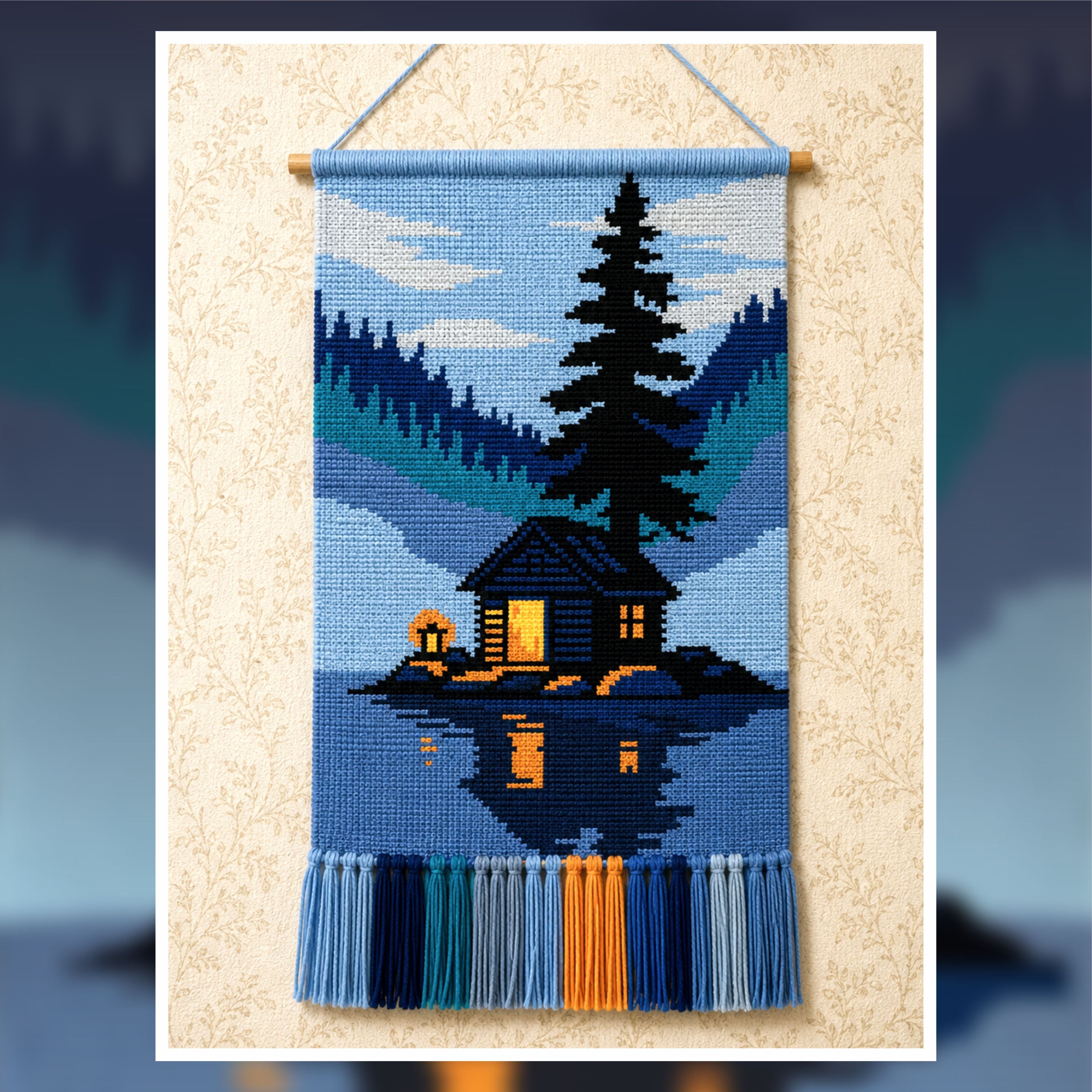 Blue Lakeside Cabin Crochet Tapestry Pattern 100x150 Stitches PDF