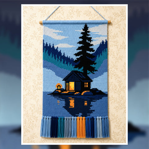 Blue Lakeside Cabin Crochet Tapestry Pattern 100x150 Stitches PDF