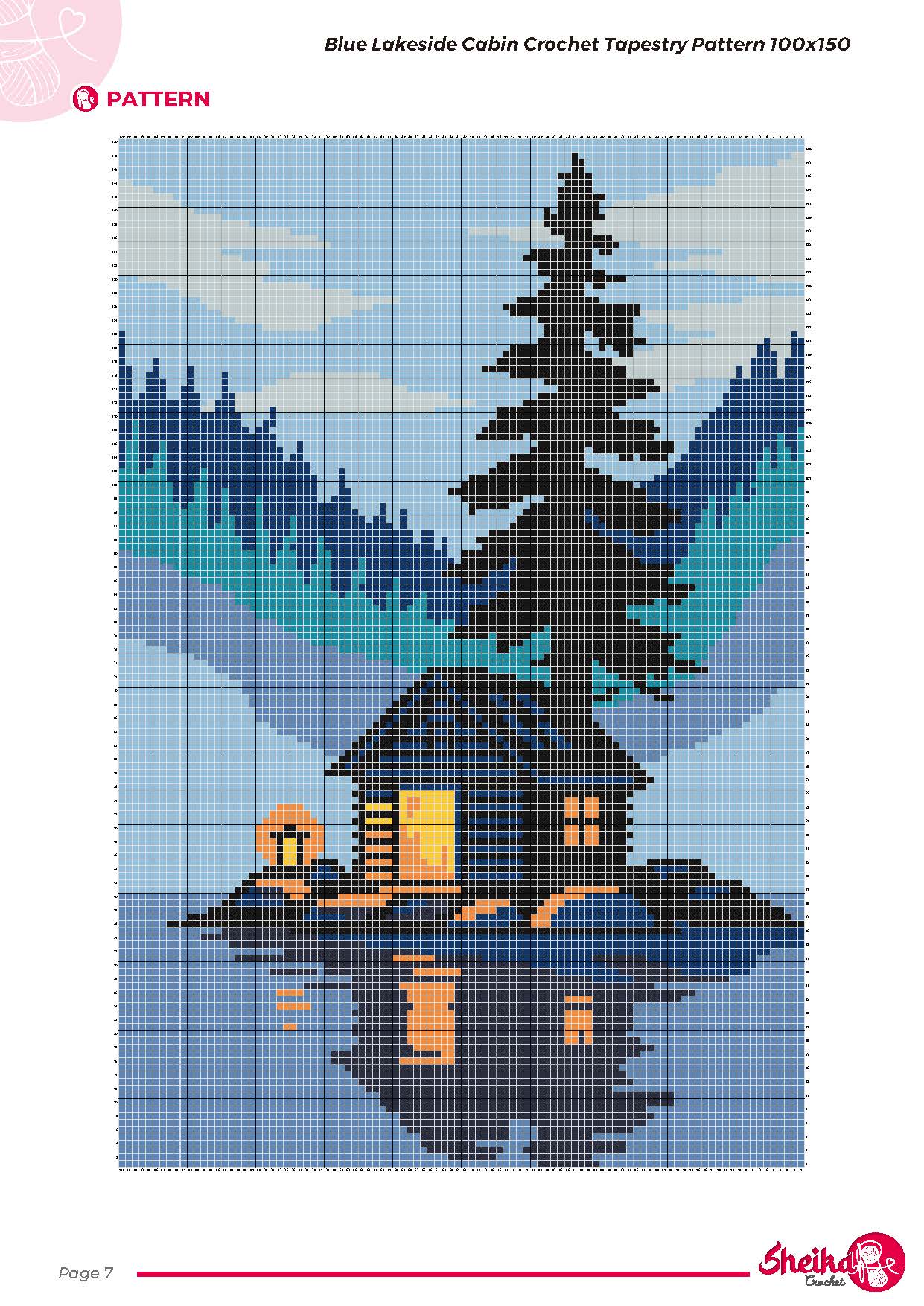 Blue Lakeside Cabin Crochet Tapestry Pattern 100x150 Stitches PDF