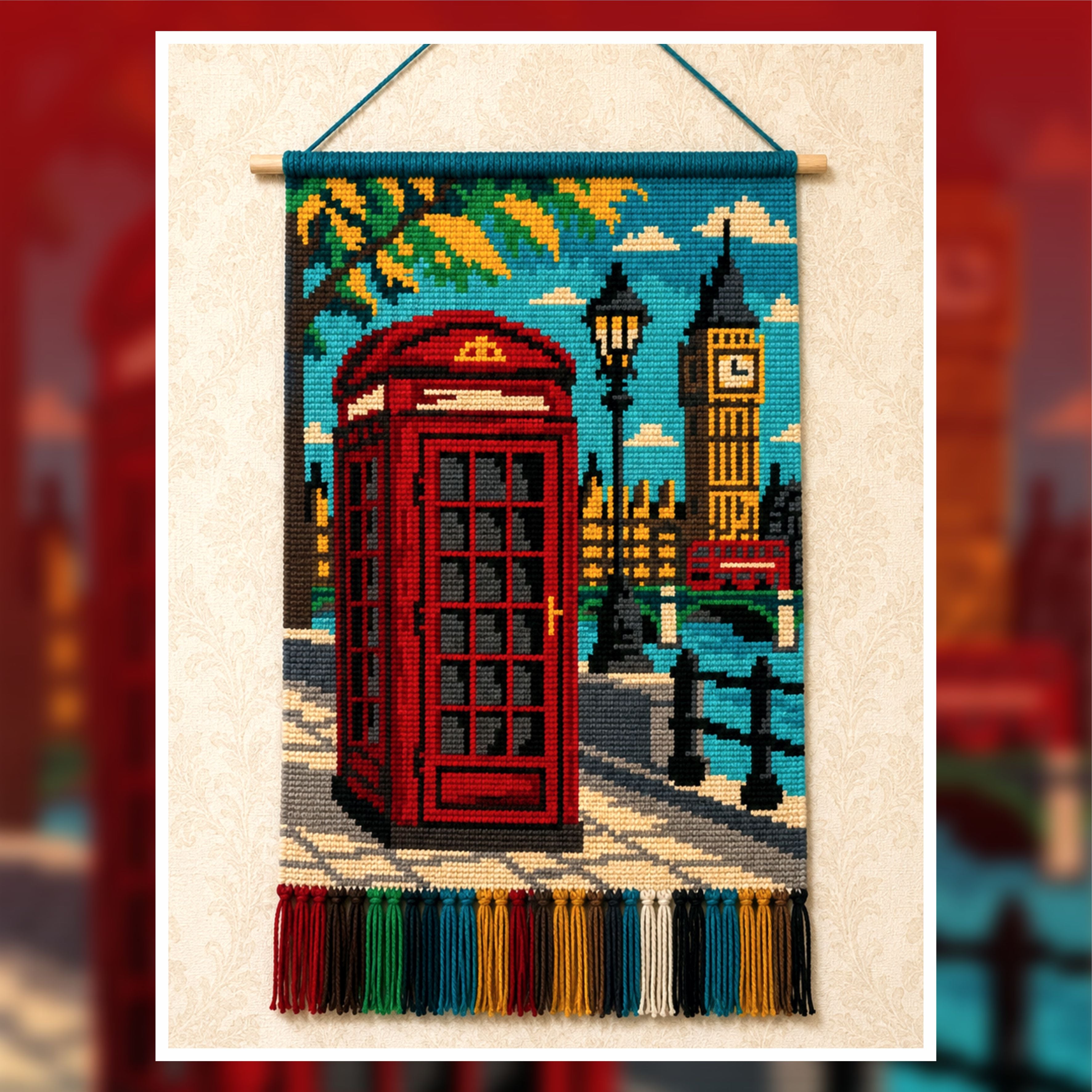 London Telephone Booth Tapestry Crochet Pattern | Big Ben UK Cityscape Wall Hanging (PDF)