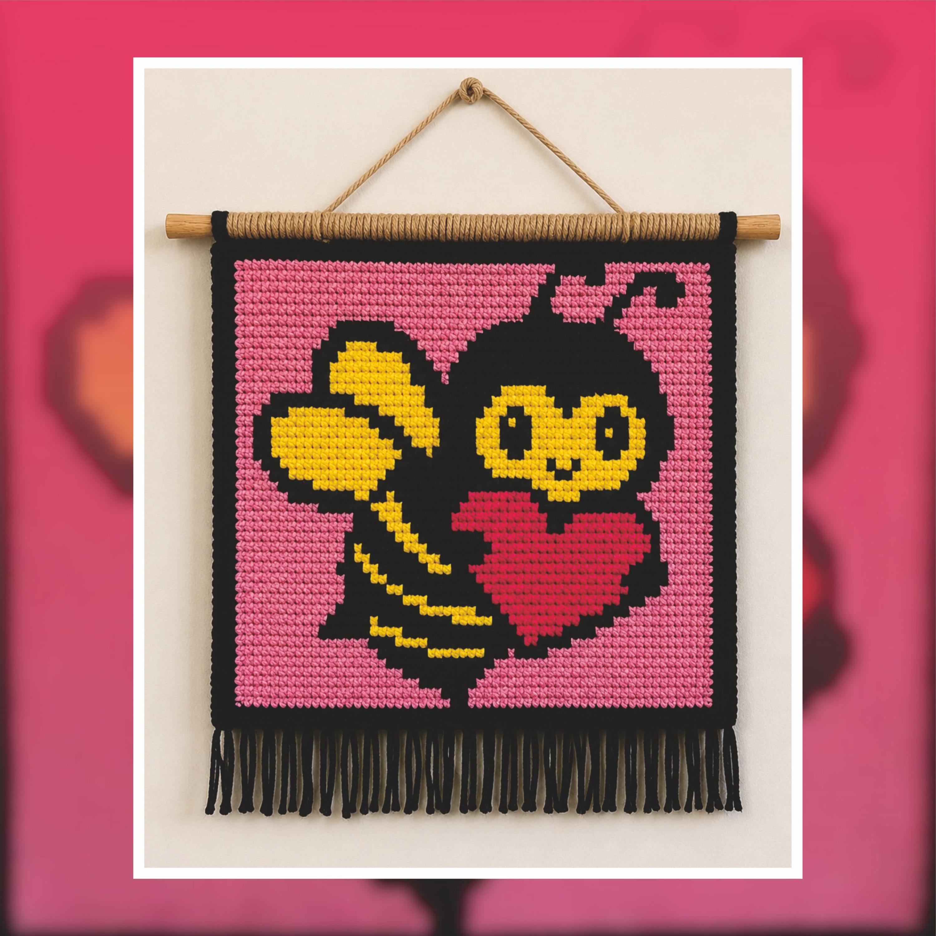 Bee Heart Tapestry Crochet Pattern: Kawaii Wall Hanging (PDF Pattern 75x75 Stitches)