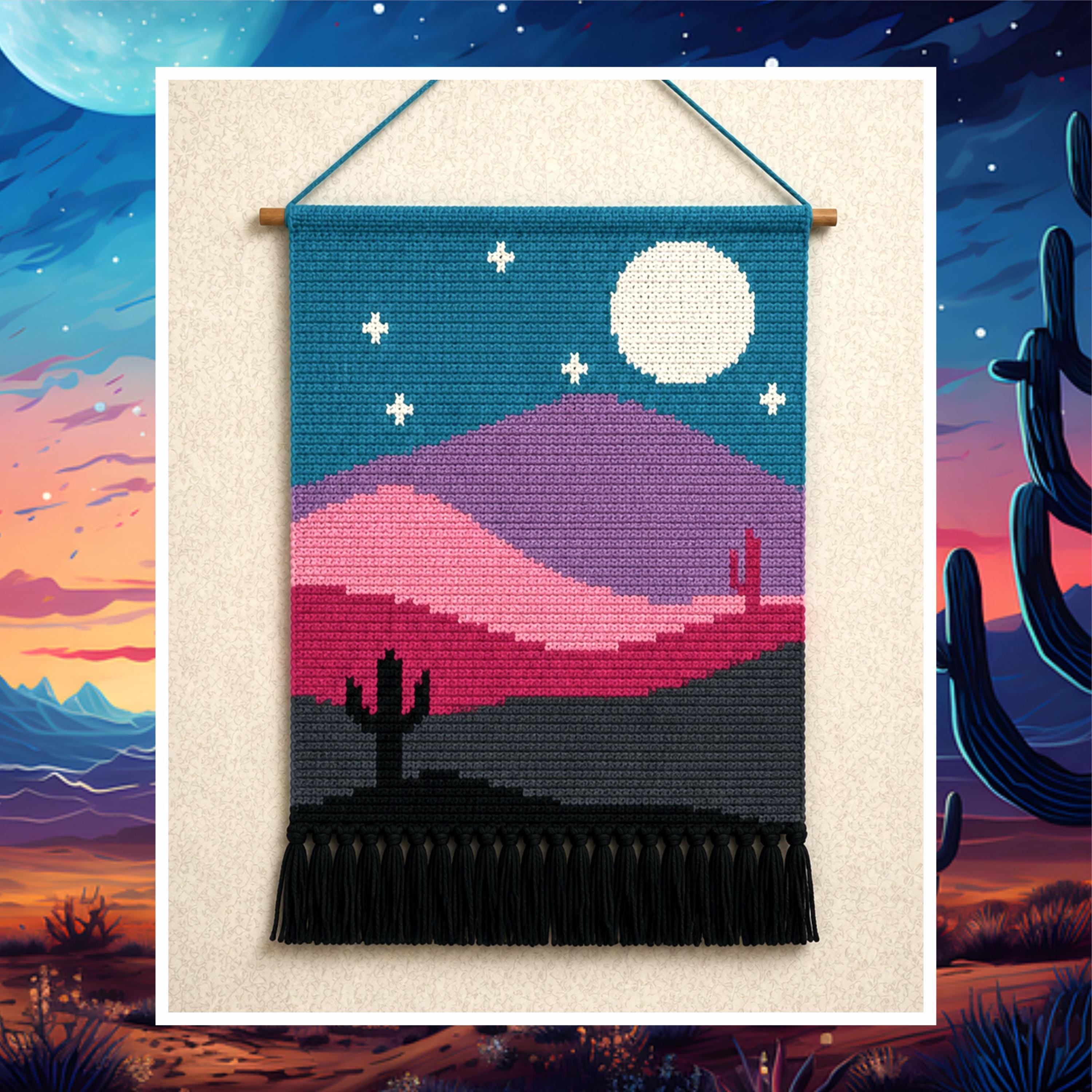 Sunset Desert Crochet Tapestry Pattern: Boho Moon & Cactus Wall Hanging (PDF Pattern 80x120 Stitches)