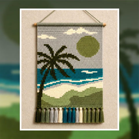 Crochet Palm Tree Beach Tapestry Pattern: Coastal Wall Hanging (80x120 Stitches PDF Chart)