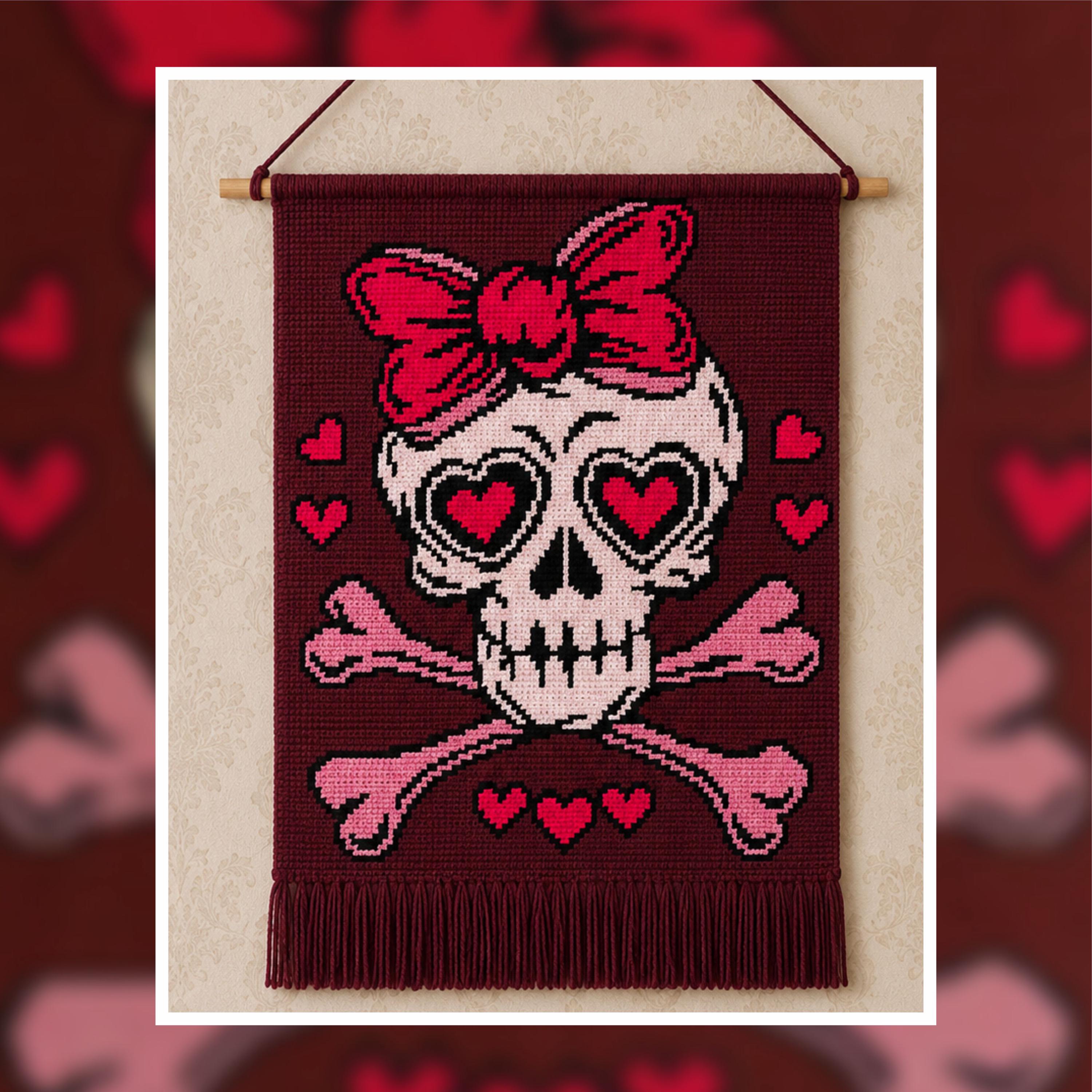 Sweetheart Skull Tapestry Crochet Pattern | Gothic Romantic Wall Art (120x160 Stitches PDF)