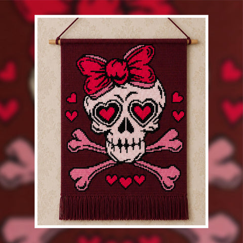 Sweetheart Skull Tapestry Crochet Pattern | Gothic Romantic Wall Art (120x160 Stitches PDF)