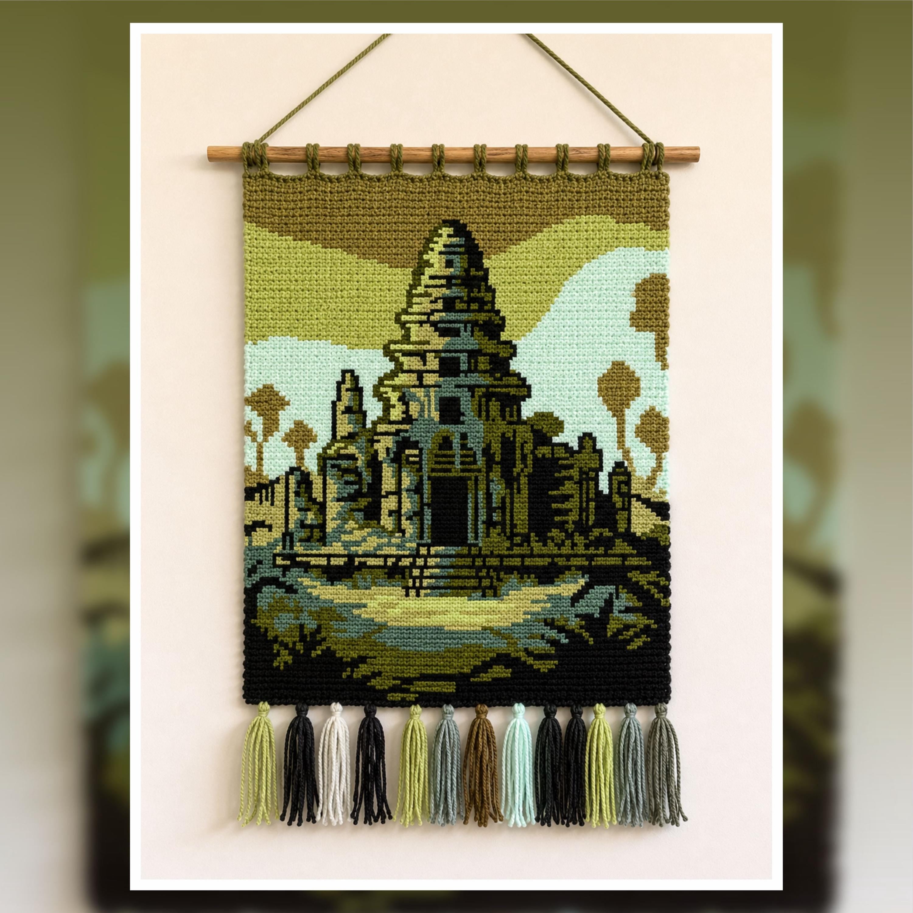 Ancient Temple Crochet Tapestry Pattern | Sacred Wall Art (120x160 Stitches PDF Pattern)