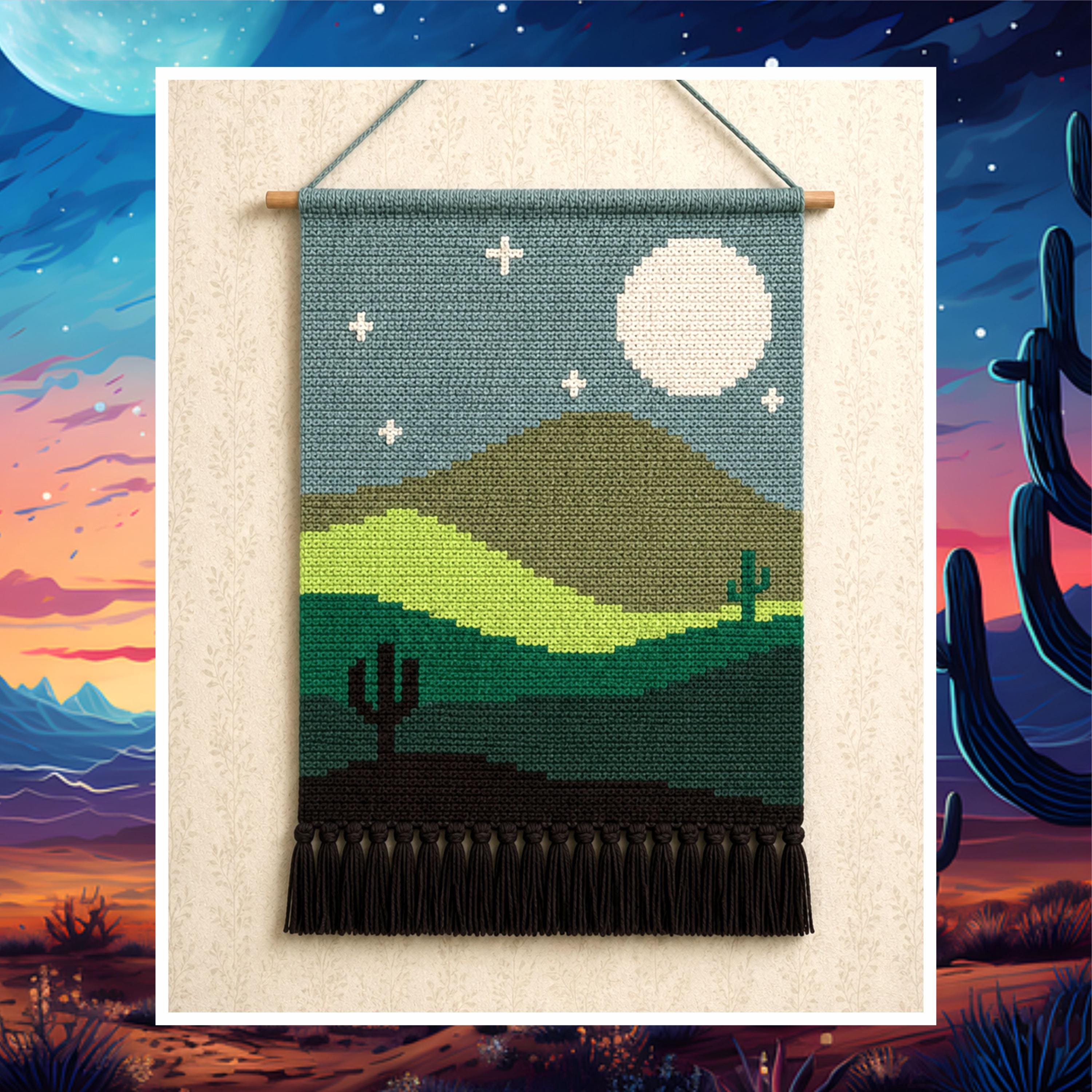Desert Moon Crochet Wall Hanging Pattern 60x90 Stitches | Boho Moon Tapestry Crochet PDF Pattern