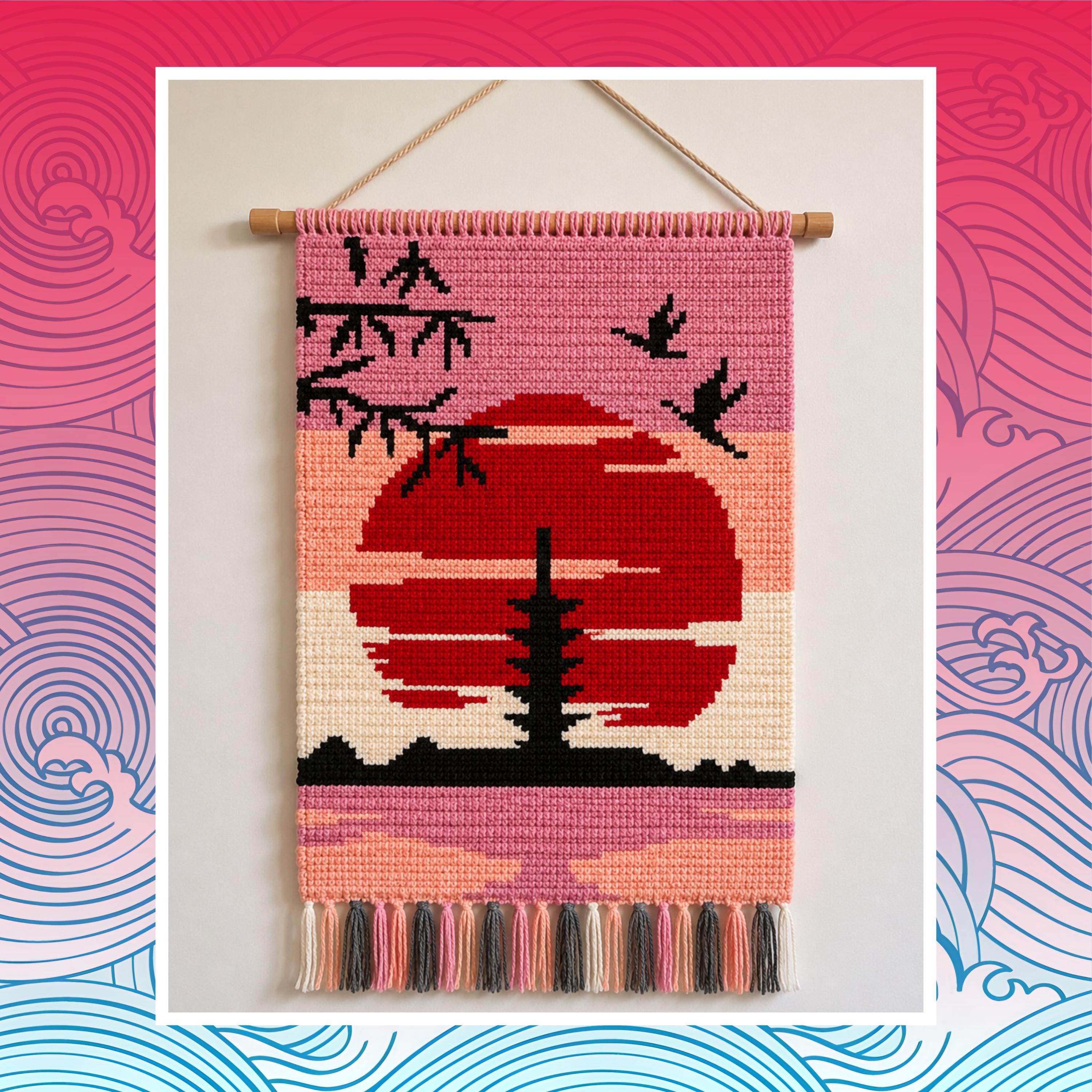 Japanese Sunset Pagoda Crochet Pattern: Oriental Tapestry Wall Hanging (PDF Download 90x120 Stitches)