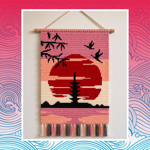 Japanese Sunset Pagoda Crochet Pattern: Oriental Tapestry Wall Hanging (PDF Download 90x120 Stitches)