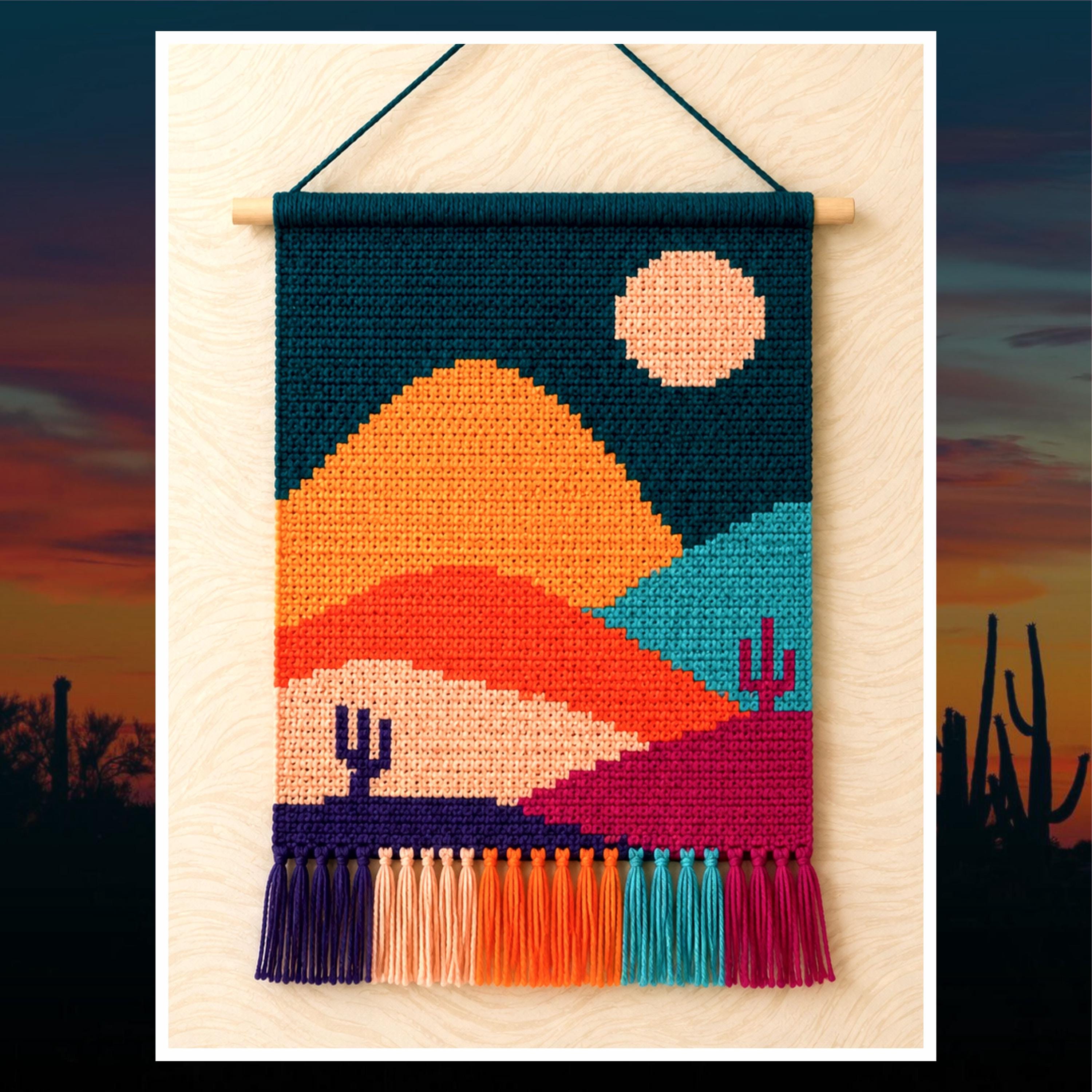 Desert Sunset Crochet Tapestry Pattern: Boho Cactus Wall Hanging (PDF Pattern)