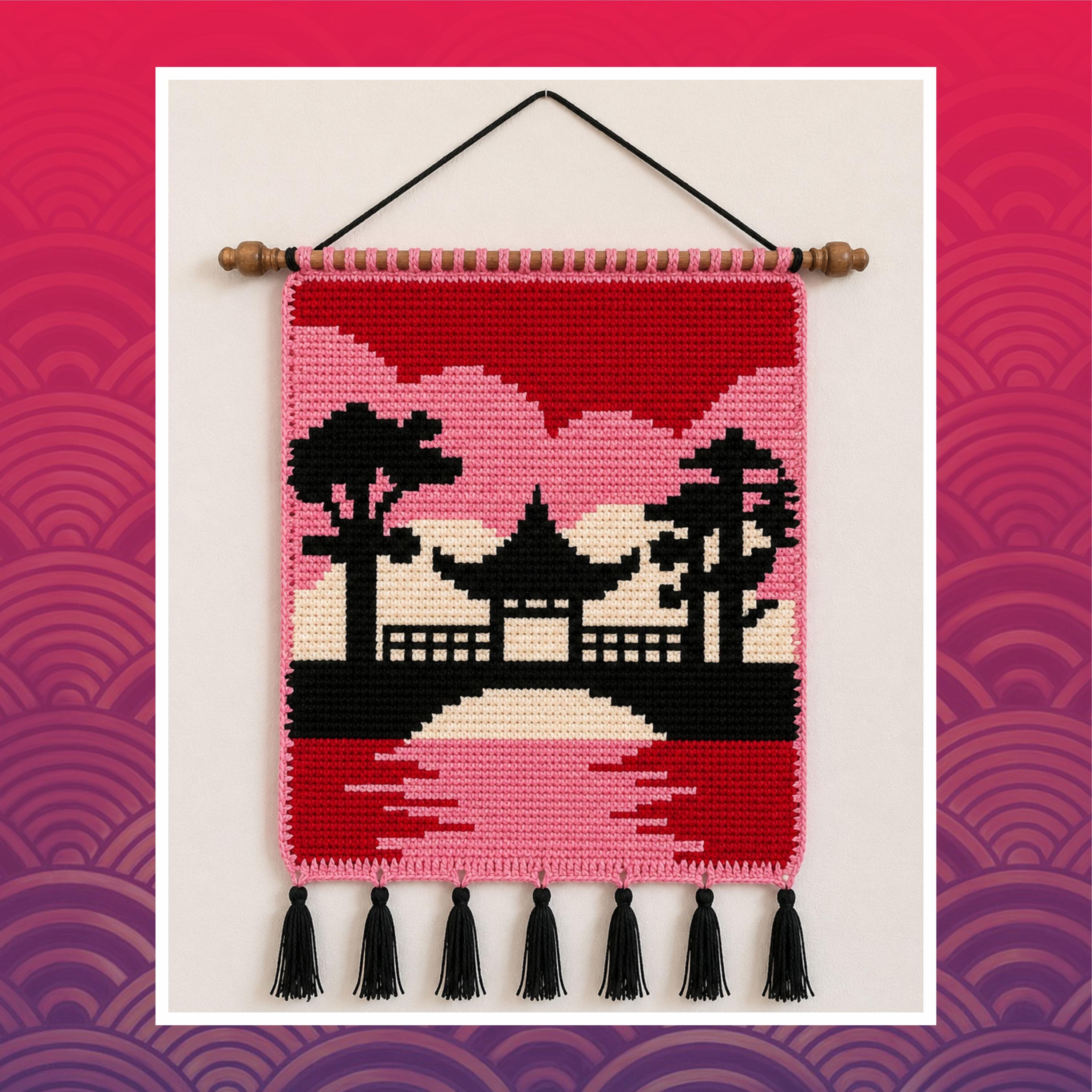 Japan Garden Sunset Tapestry Crochet Pattern: Oriental Wall Hanging (60x80 Stitches PDF)