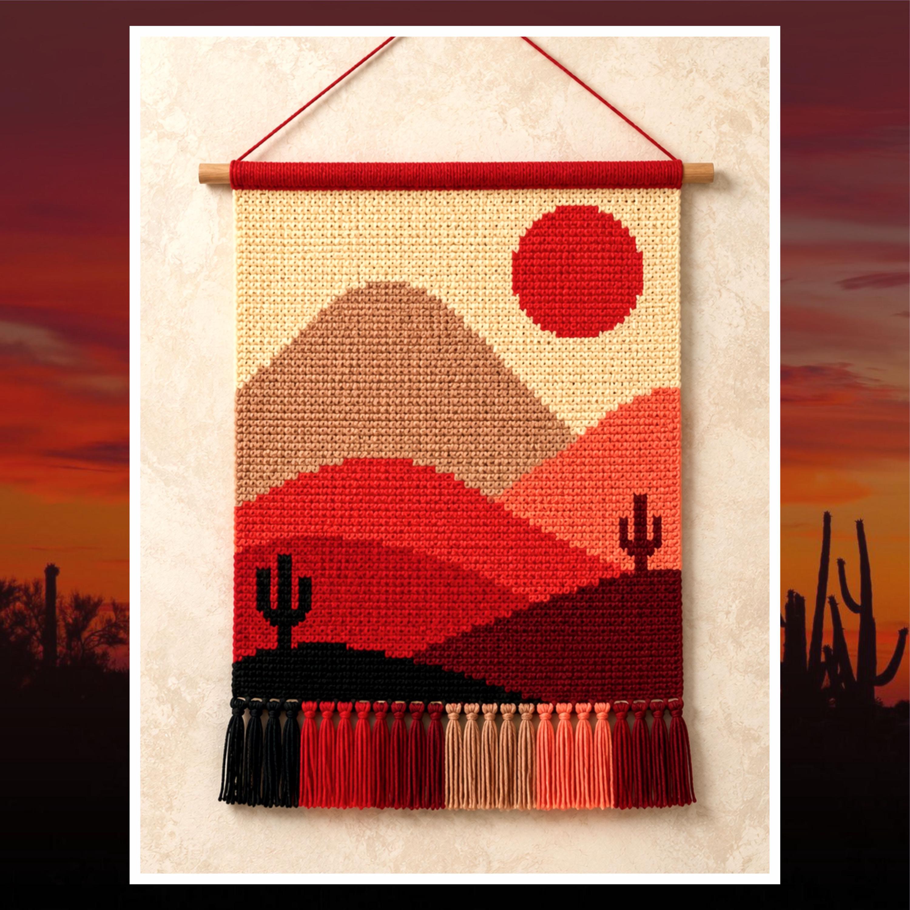 Desert Sunset Crochet Tapestry Pattern: Boho Cactus Wall Hanging (PDF)